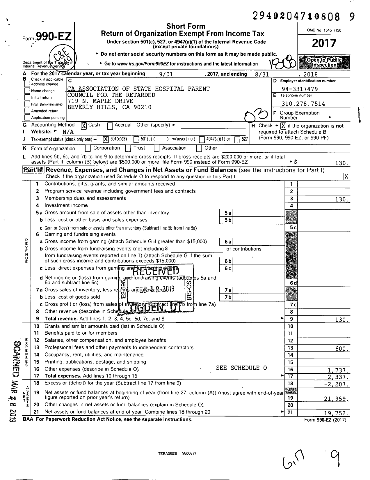 Image of first page of 2017 Form 990EZ for California Association of State Hospital Parent Councils for the Retarded