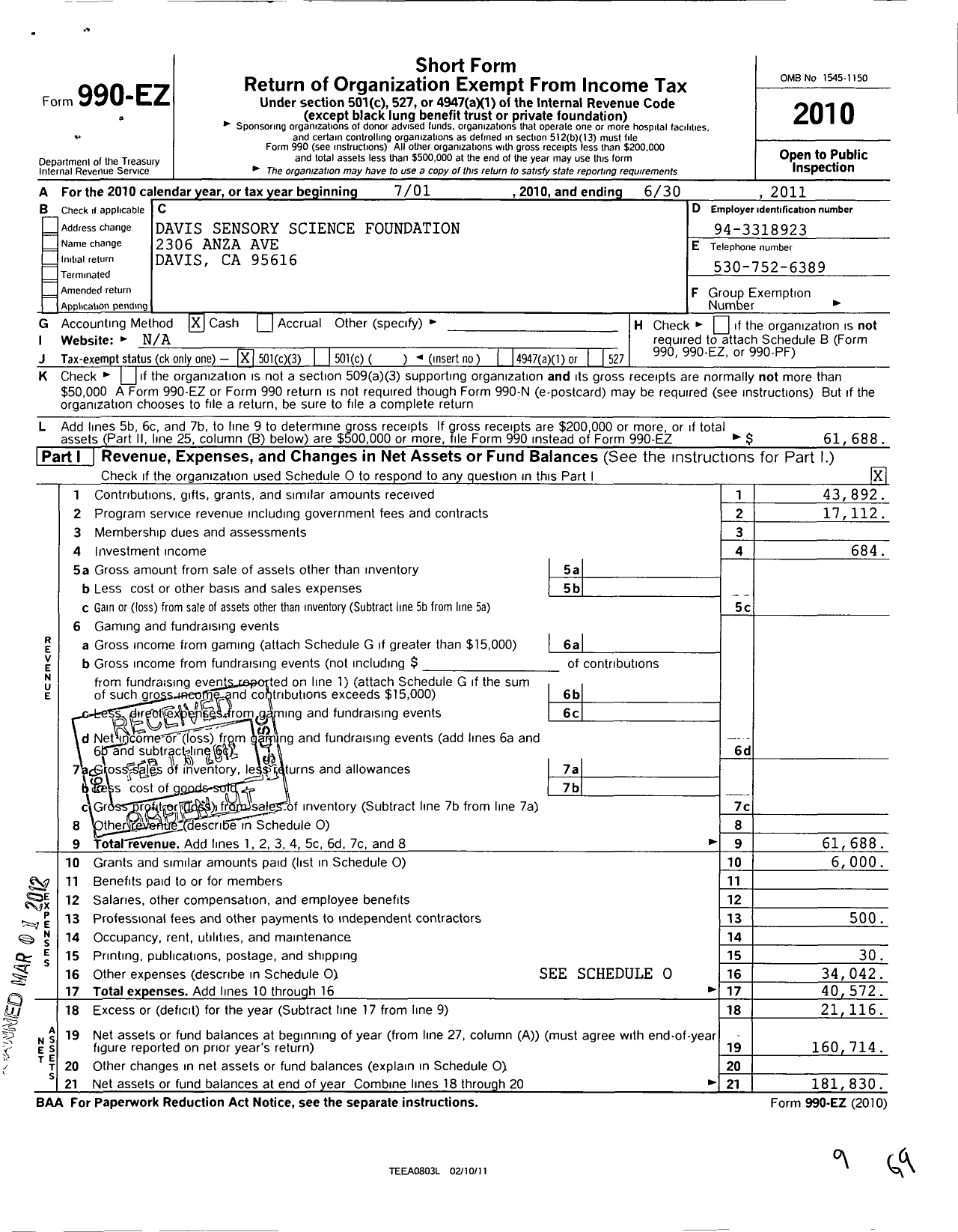 Image of first page of 2010 Form 990EZ for Davis Sensory Science Foundation