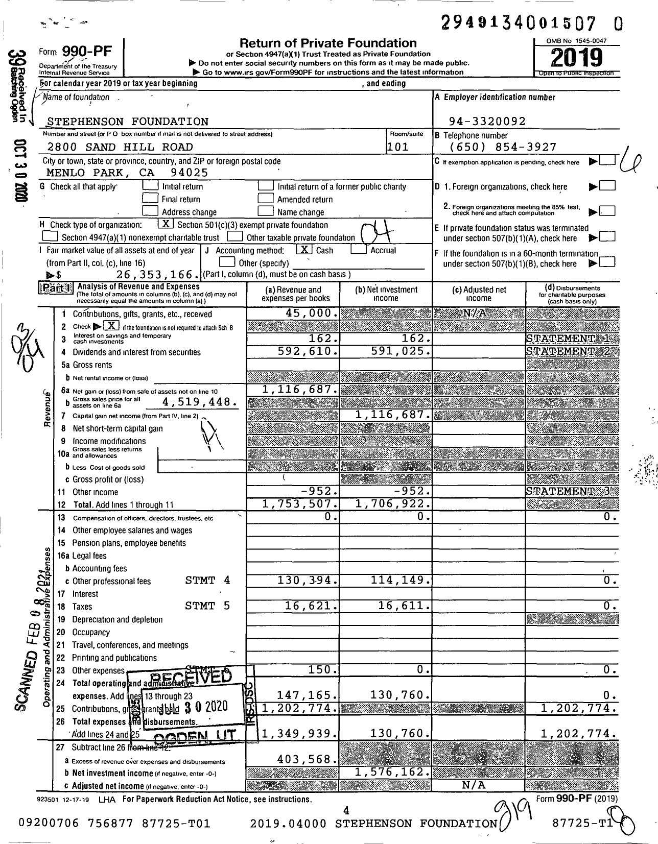 Image of first page of 2019 Form 990PF for Stephenson Foundation