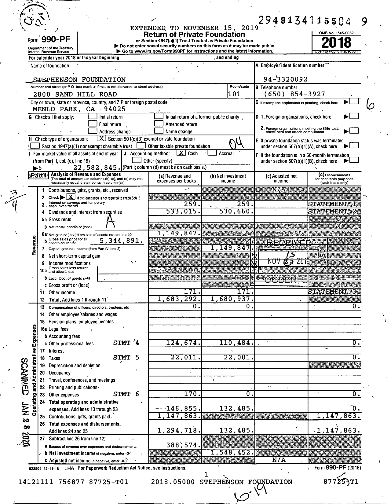 Image of first page of 2018 Form 990PF for Stephenson Foundation