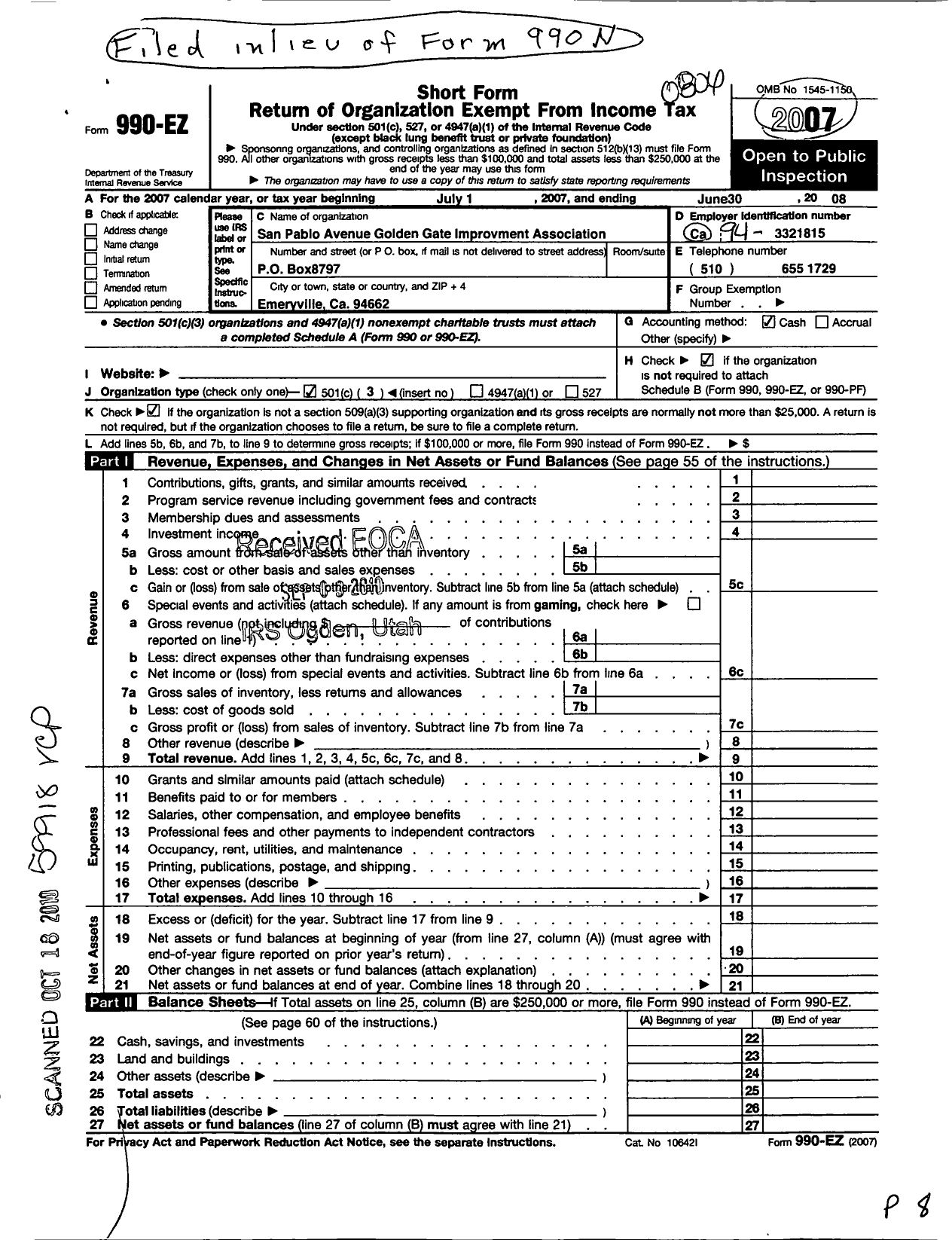 Image of first page of 2007 Form 990EZ for San Pablo Avenue Golden Gate Improvement Association