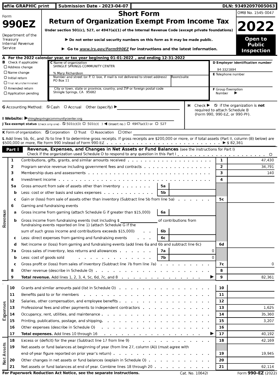 Image of first page of 2022 Form 990EZ for Shingle Springs Community Center