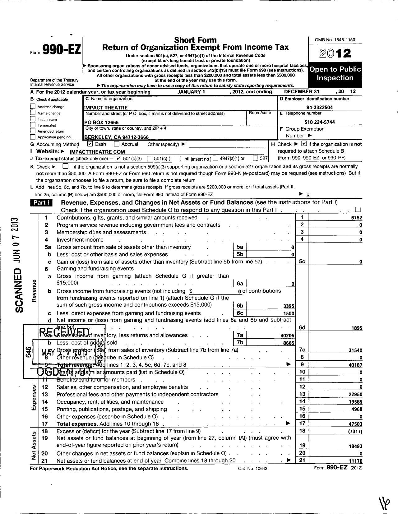 Image of first page of 2012 Form 990EZ for Impact Theatre