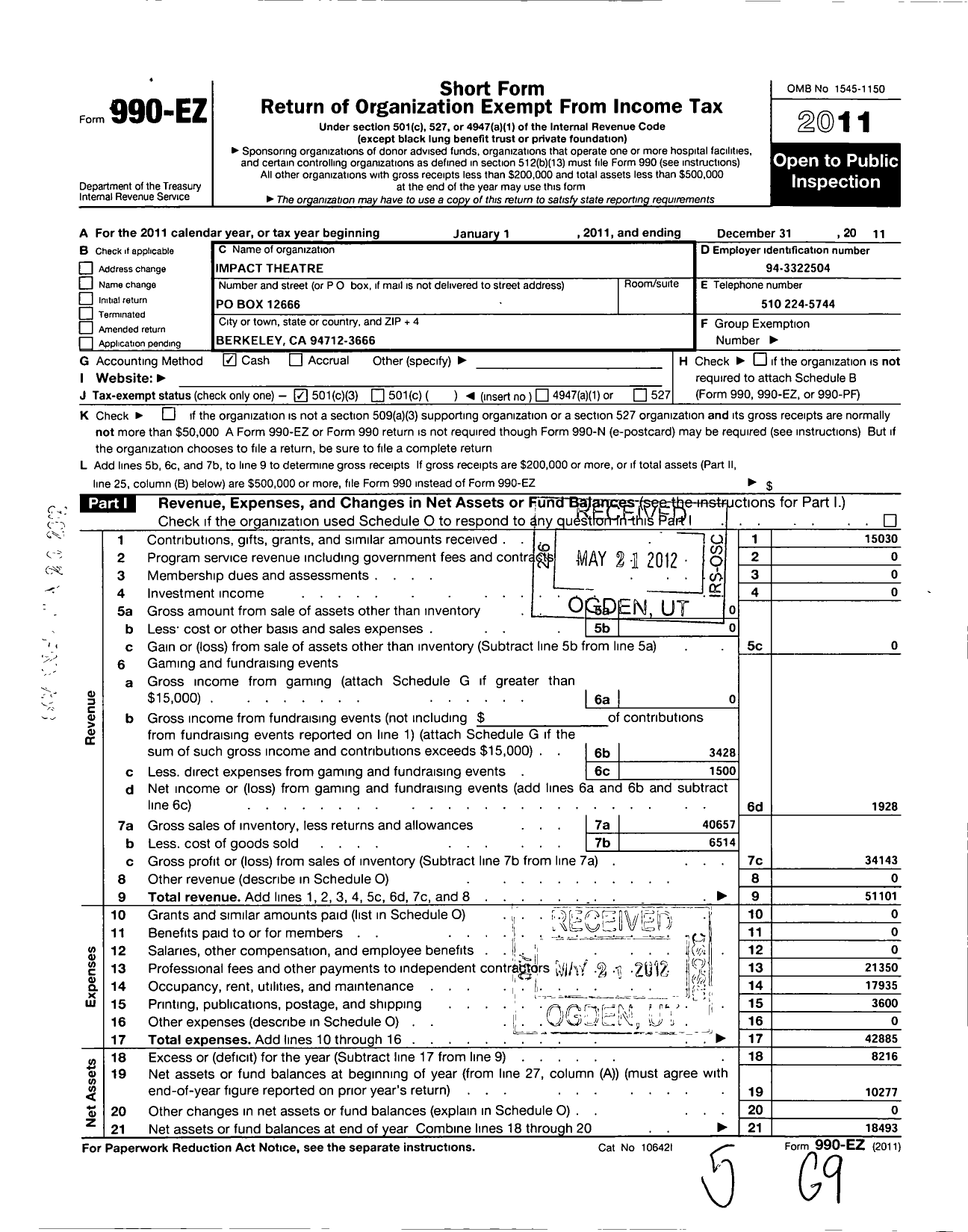 Image of first page of 2011 Form 990EZ for Impact Theatre