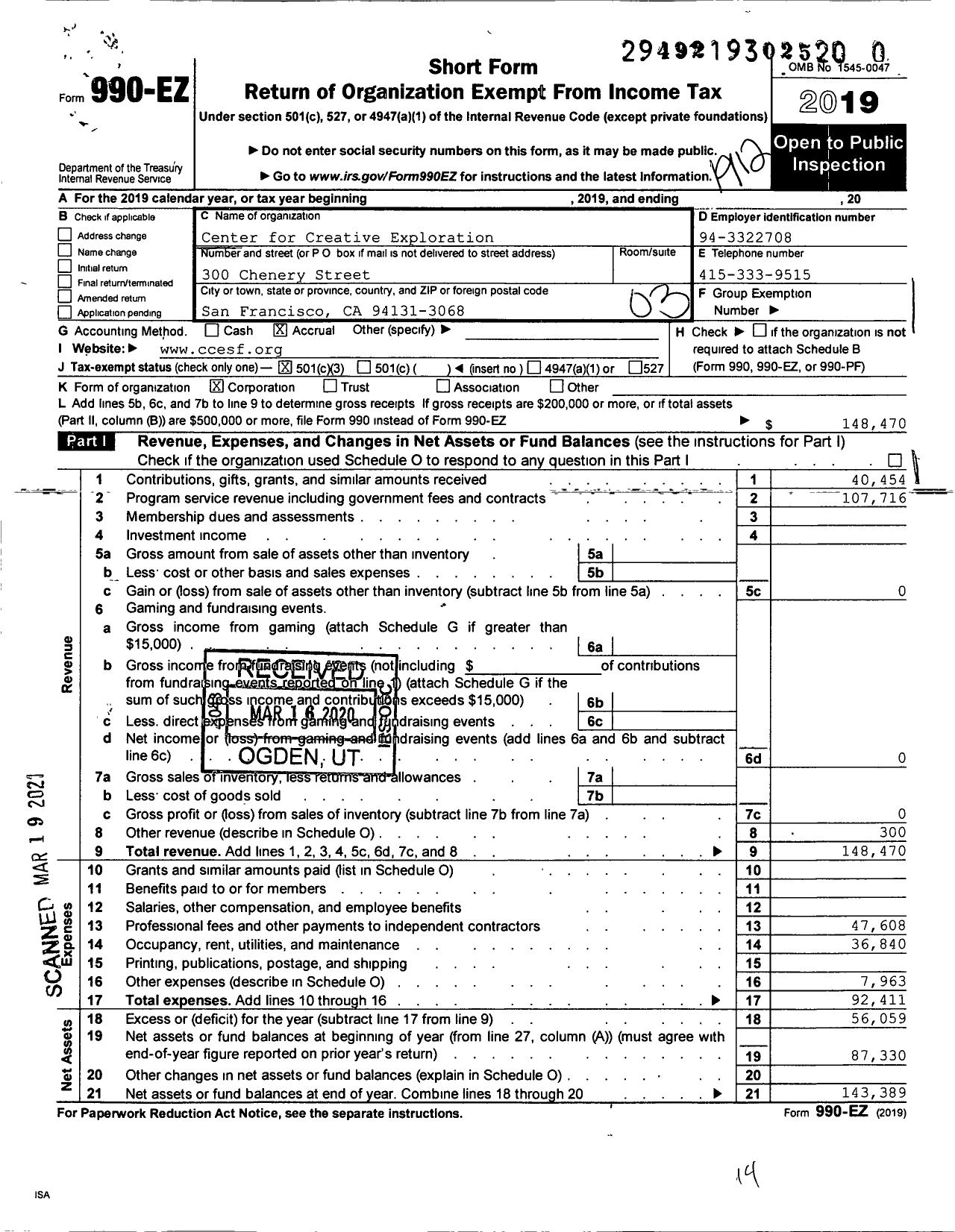 Image of first page of 2019 Form 990EZ for Center for Creative Exploration