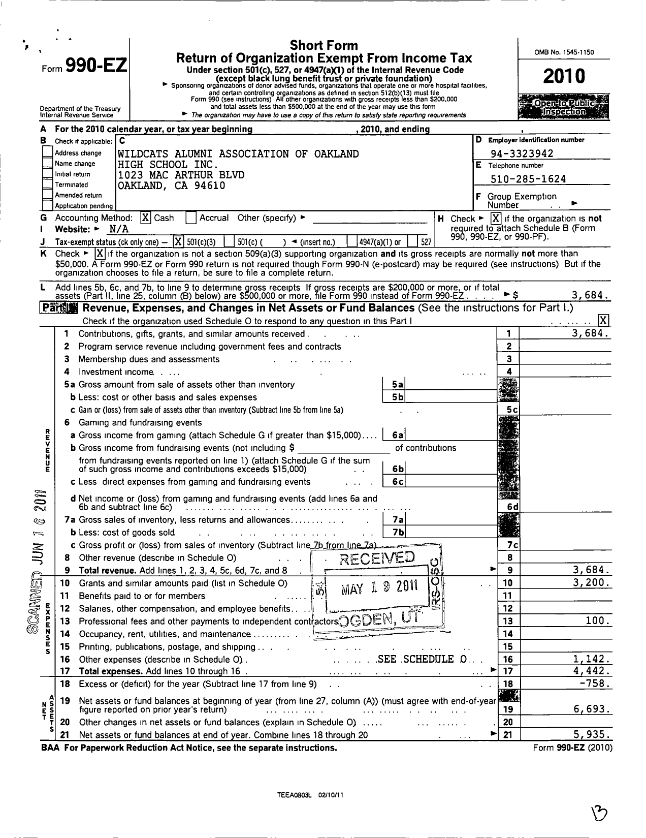 Image of first page of 2010 Form 990EZ for Wildcats Alumni Association Of Oakland High School