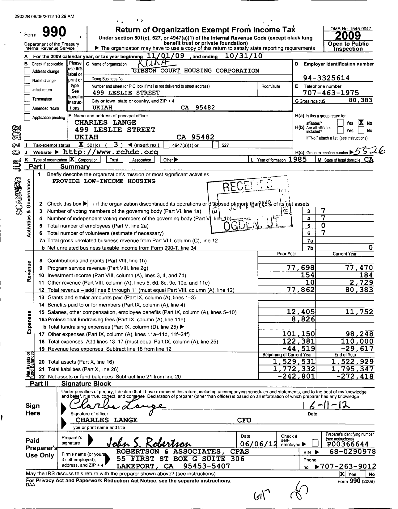 Image of first page of 2009 Form 990 for Gibson Court Housing Corporation