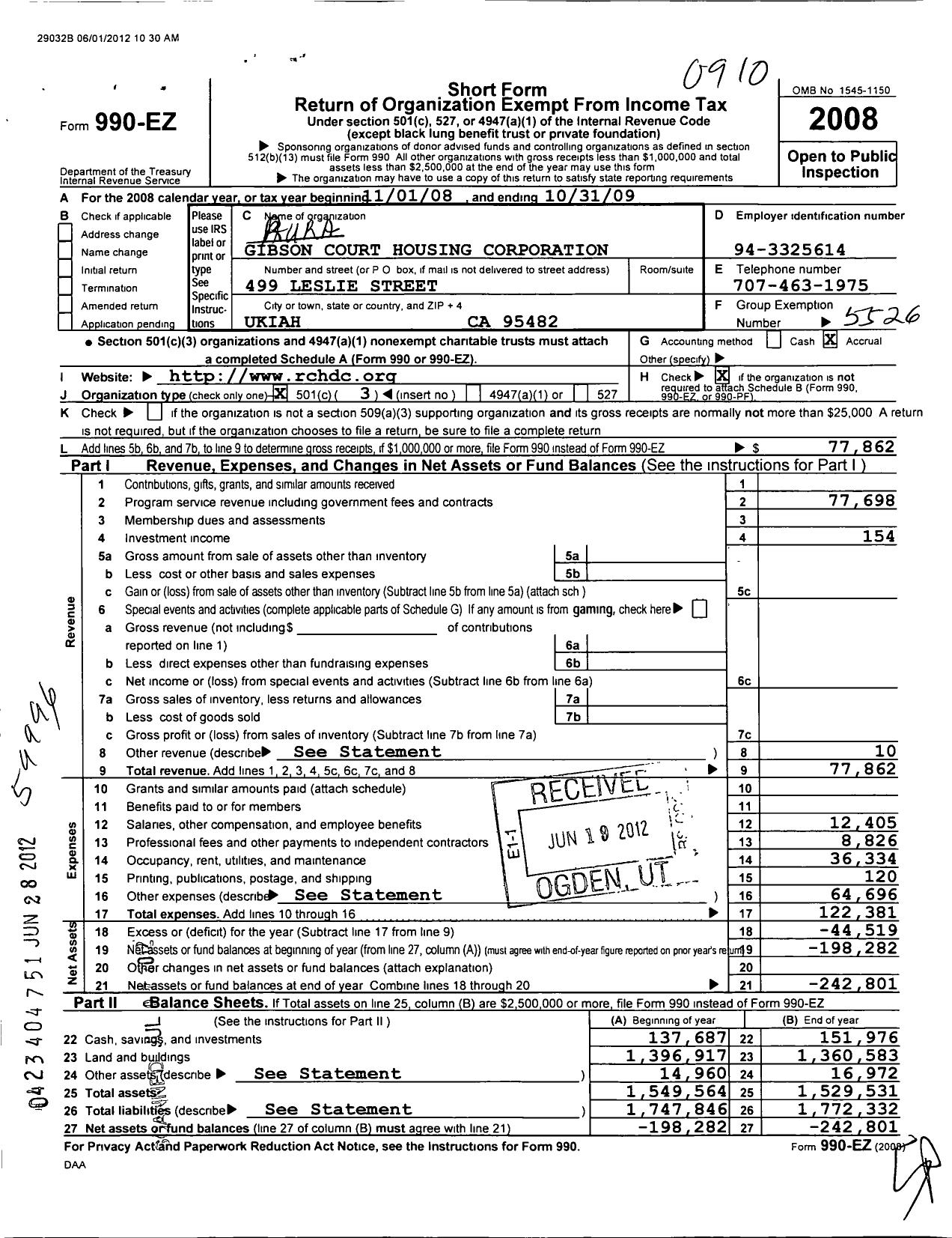 Image of first page of 2008 Form 990EZ for Gibson Court Housing Corporation