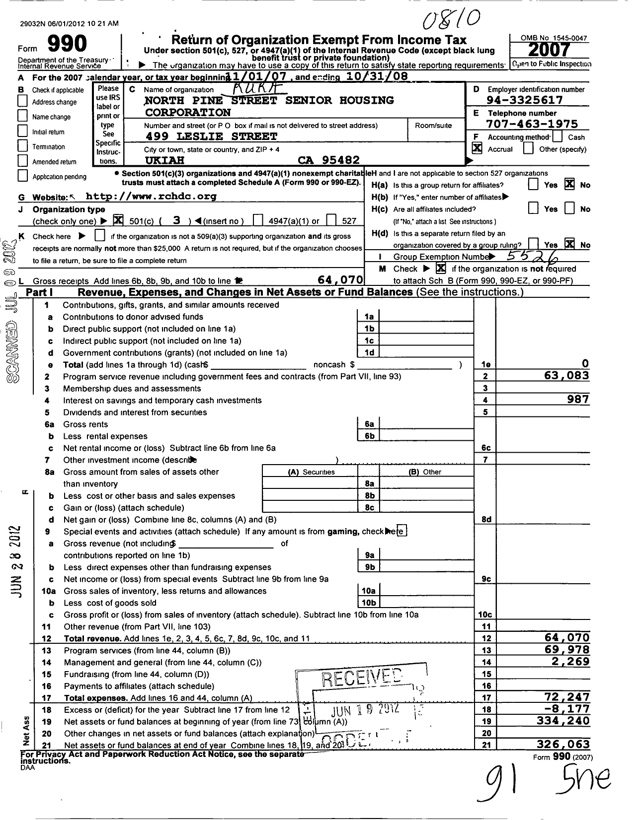 Image of first page of 2007 Form 990 for North Pine Street Senior Housing Corporation