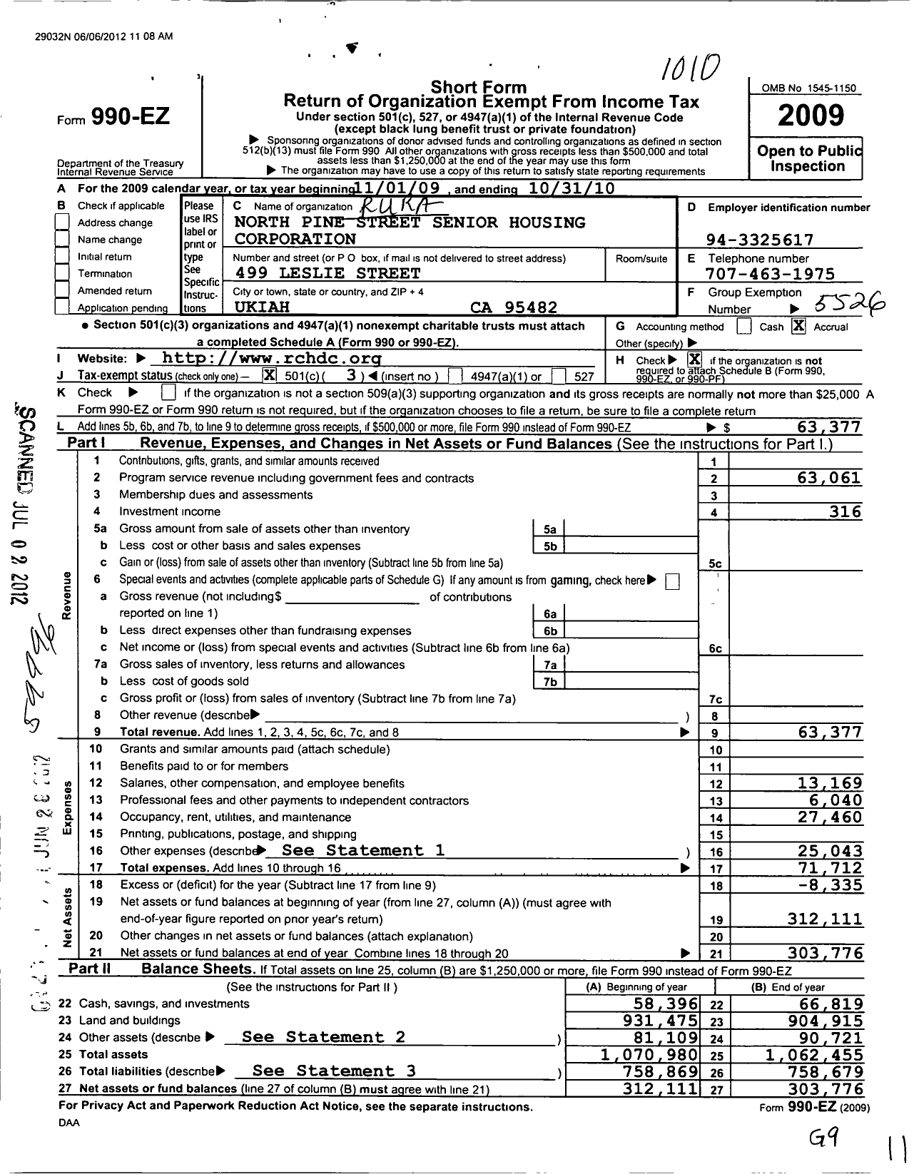 Image of first page of 2009 Form 990EZ for North Pine Street Senior Housing Corporation