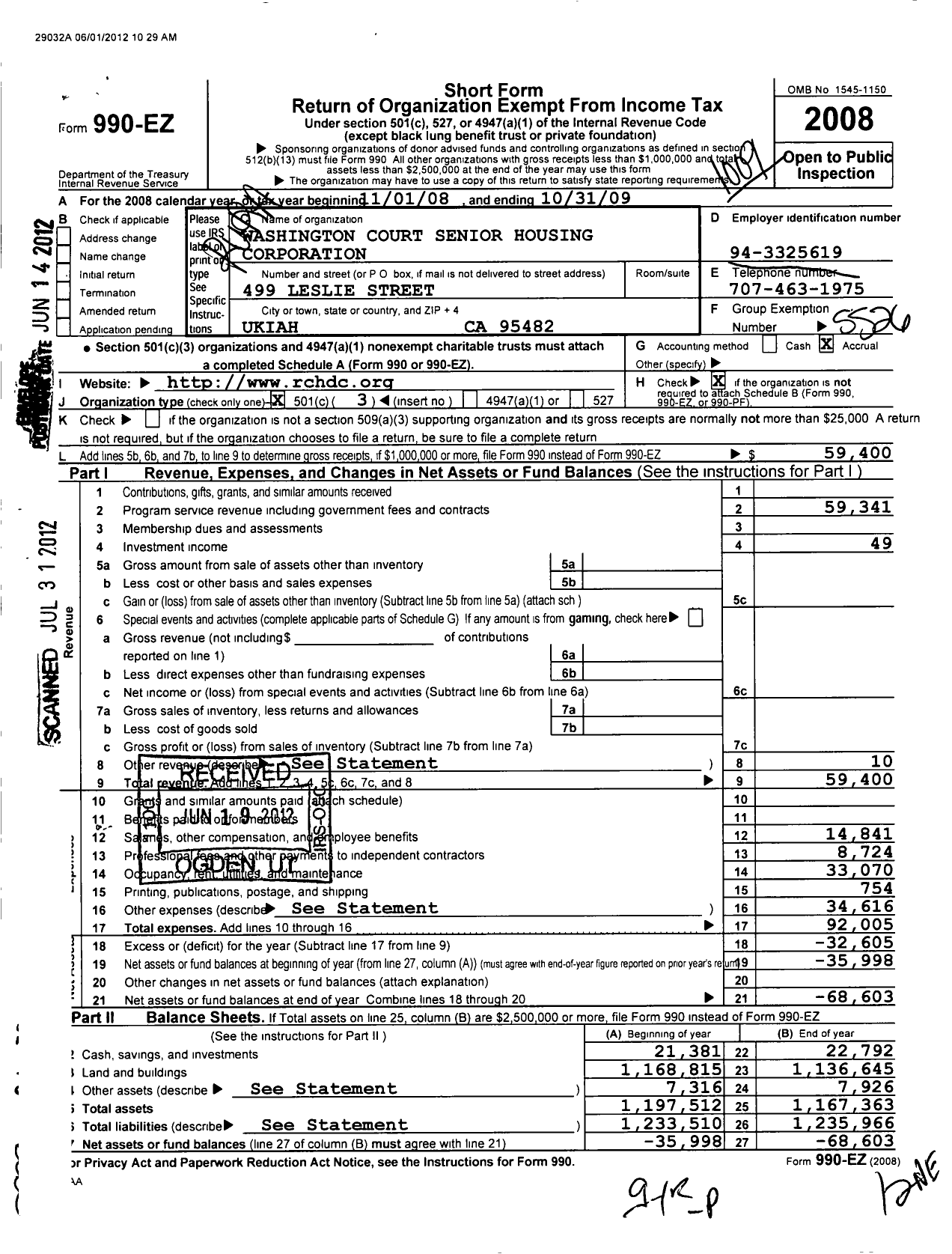 Image of first page of 2008 Form 990EZ for Washington Court Senior Housing Corporation