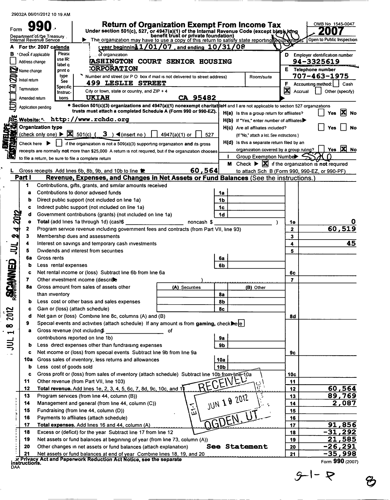 Image of first page of 2007 Form 990 for Washington Court Senior Housing Corporation