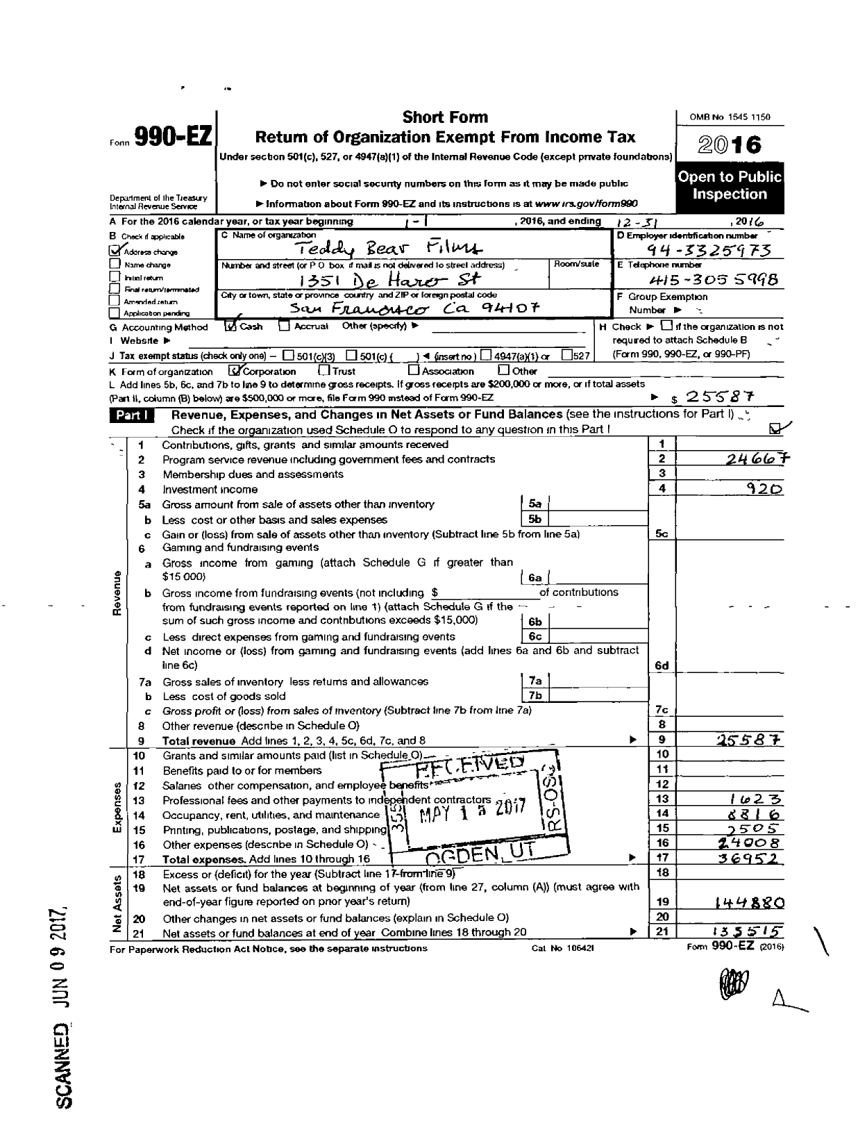 Image of first page of 2016 Form 990EO for Teddy Bear Films