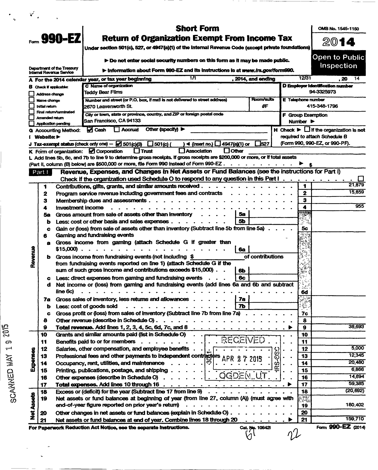 Image of first page of 2014 Form 990EZ for Teddy Bear Films