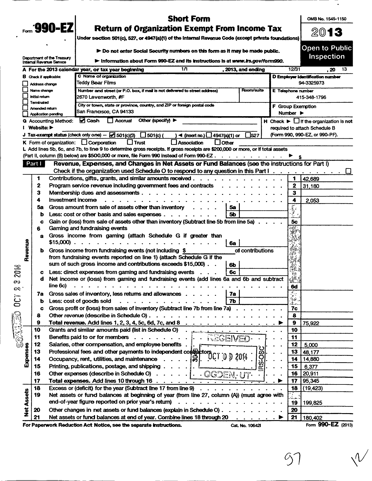 Image of first page of 2013 Form 990EZ for Teddy Bear Films