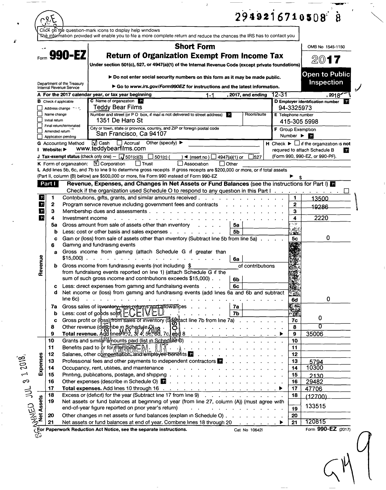 Image of first page of 2018 Form 990EZ for Teddy Bear Films