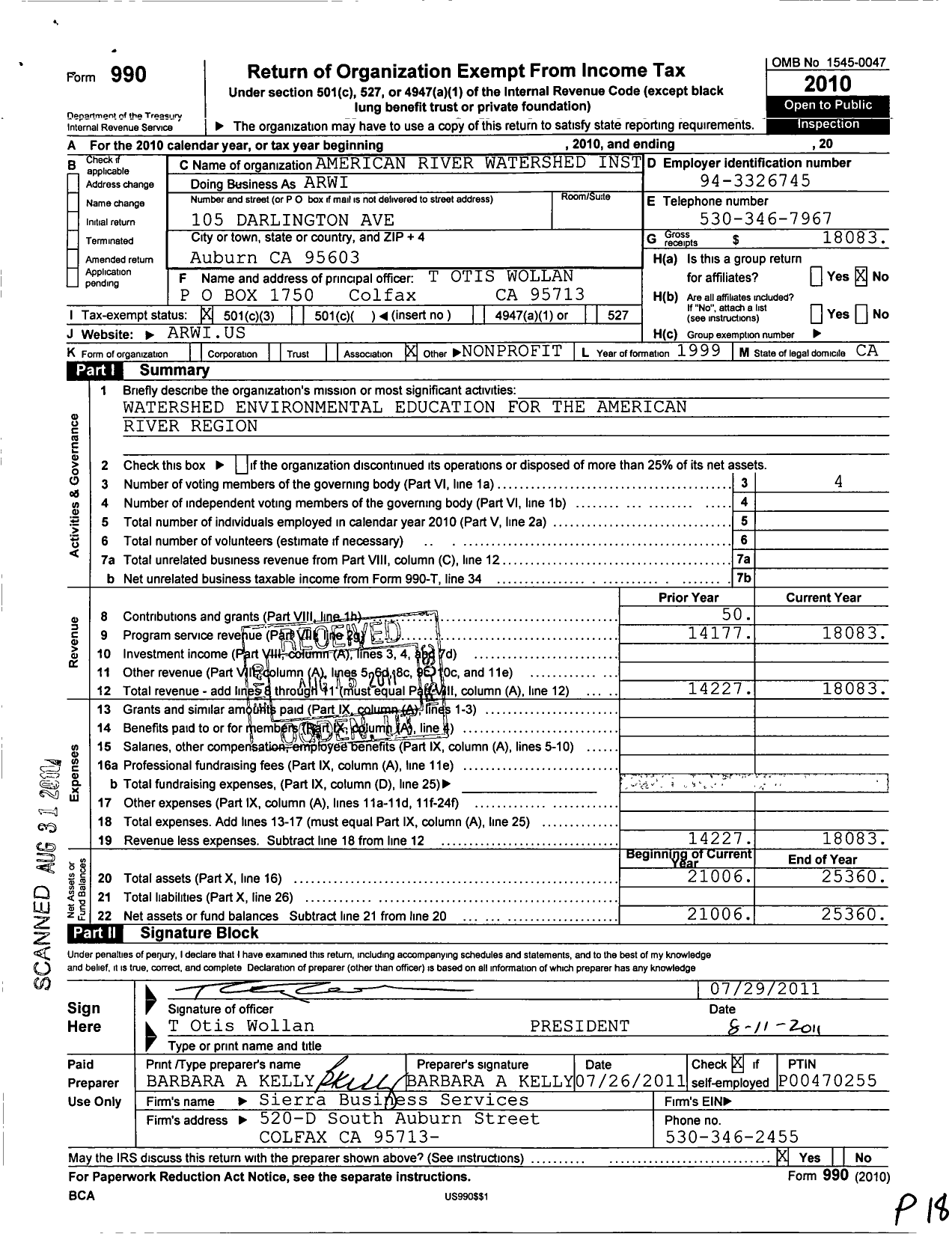 Image of first page of 2010 Form 990 for American River Watershed Institute (ARWI)