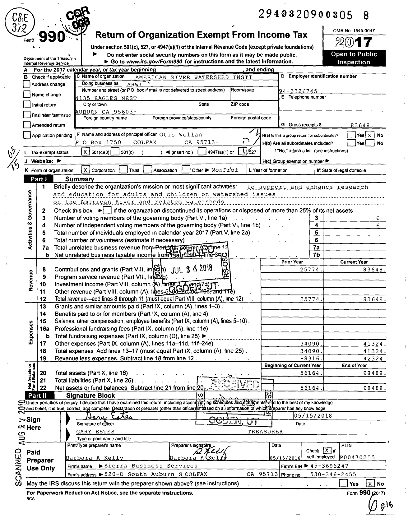 Image of first page of 2017 Form 990 for American River Watershed Institute (ARWI)