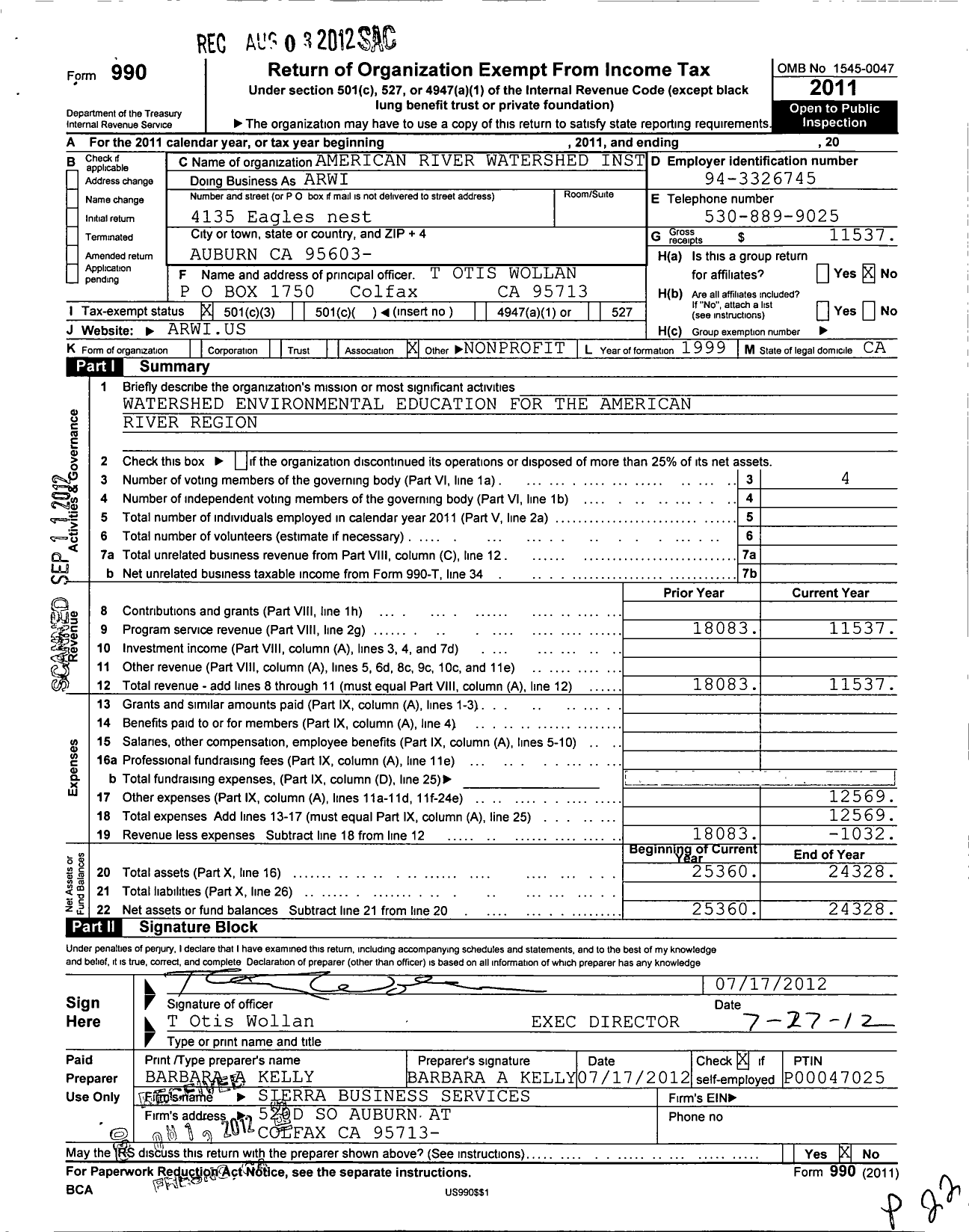 Image of first page of 2011 Form 990 for American River Watershed Institute (ARWI)