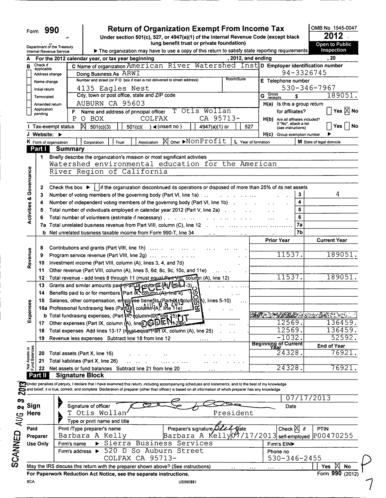 Image of first page of 2012 Form 990 for American River Watershed Institute (ARWI)