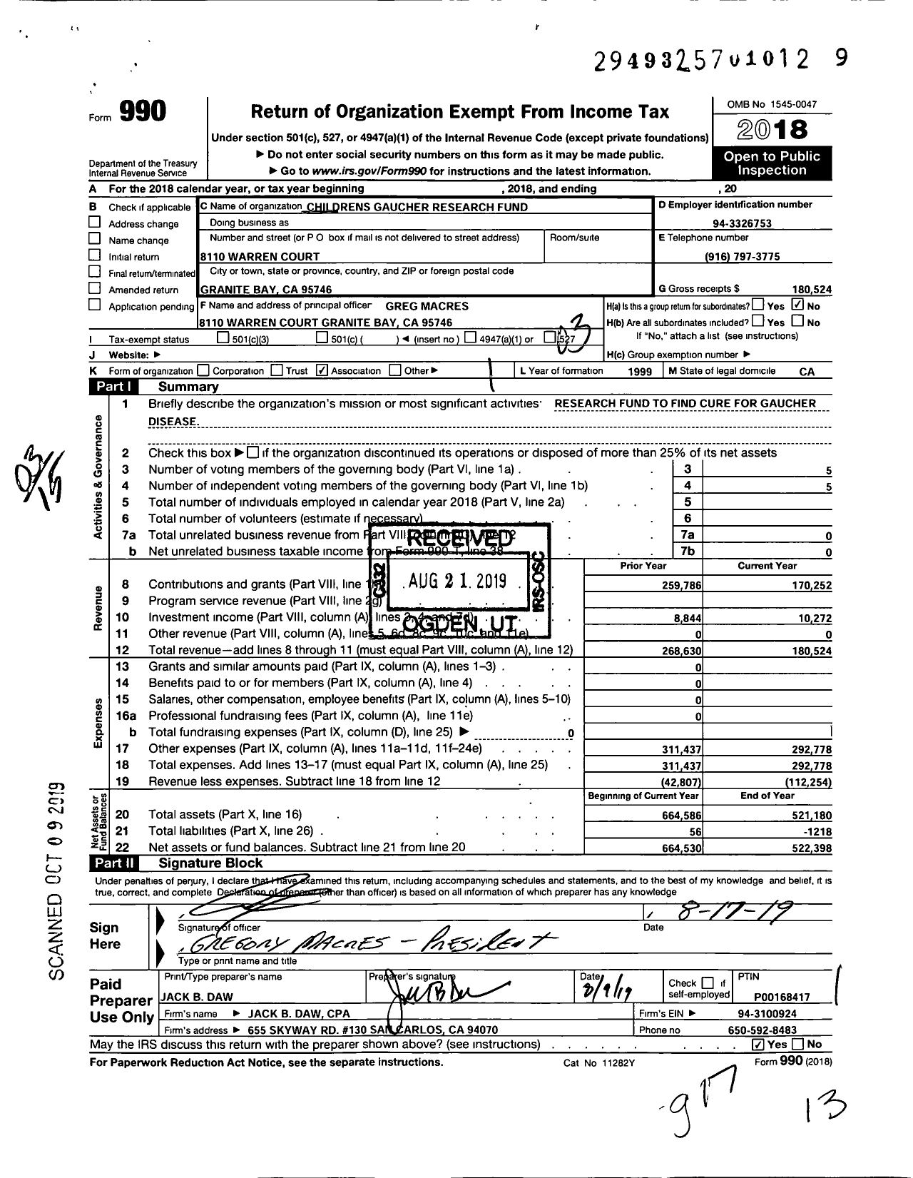 Image of first page of 2018 Form 990 for Childrens Gaucher Research Fund