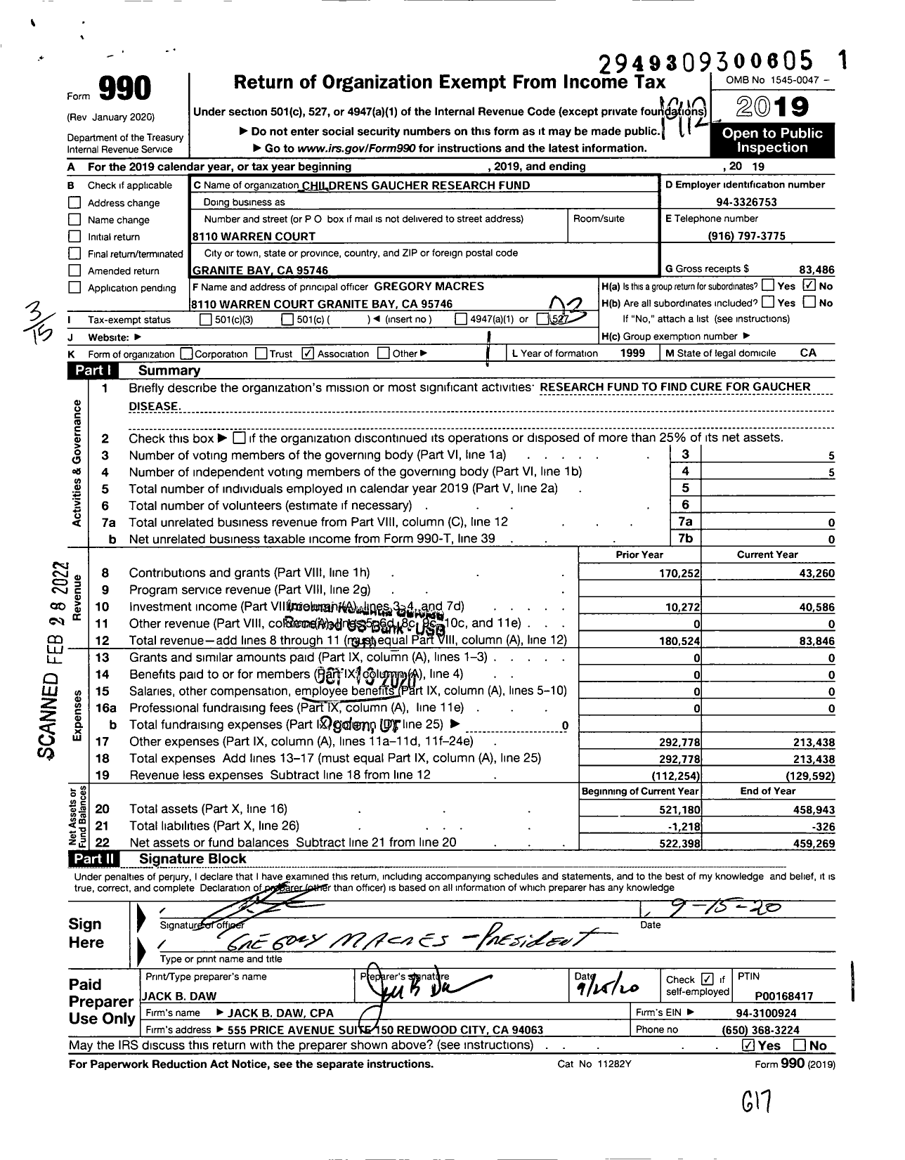 Image of first page of 2019 Form 990 for Childrens Gaucher Research Fund