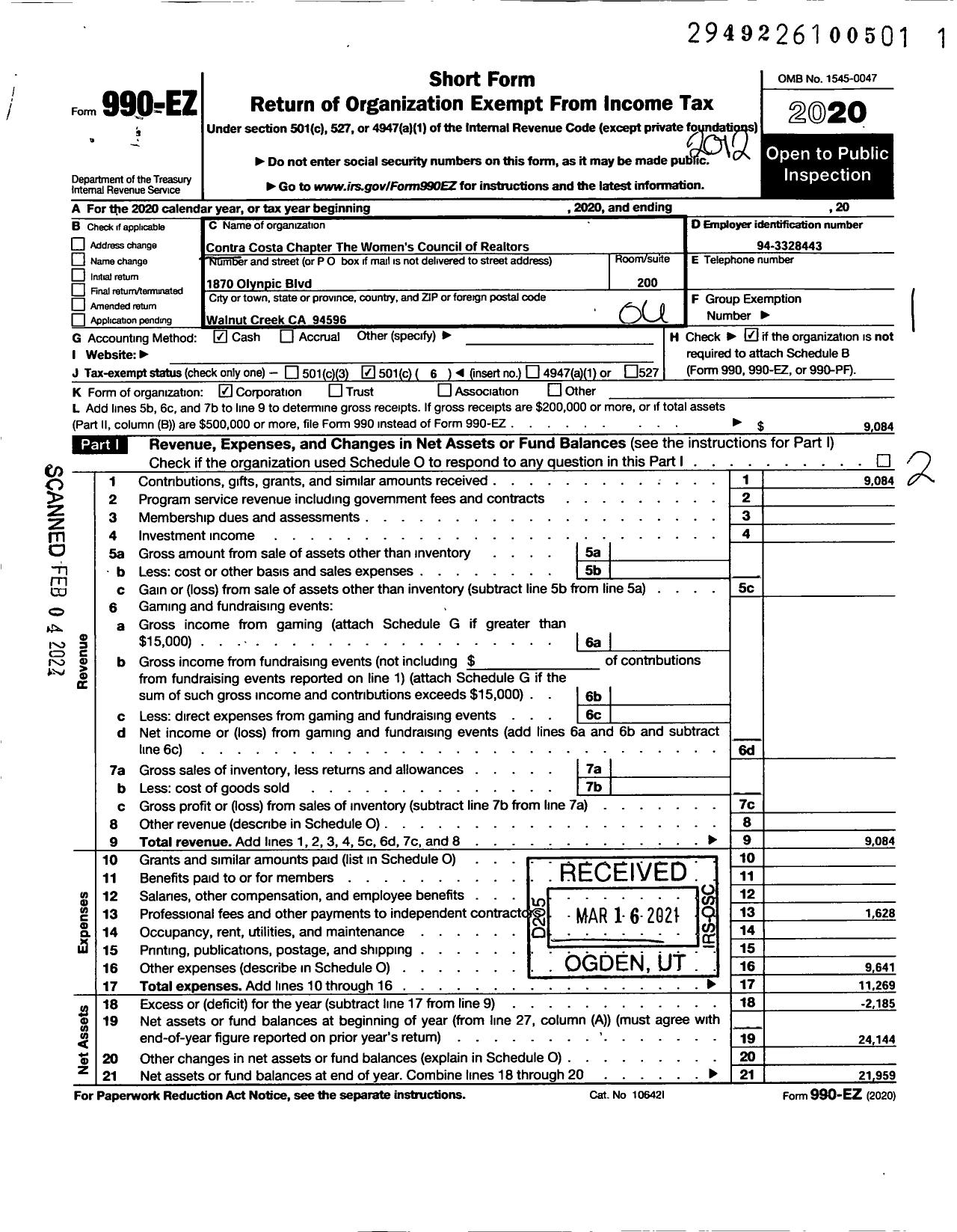 Image of first page of 2020 Form 990EO for Women's Council of Realtors Contra Costa