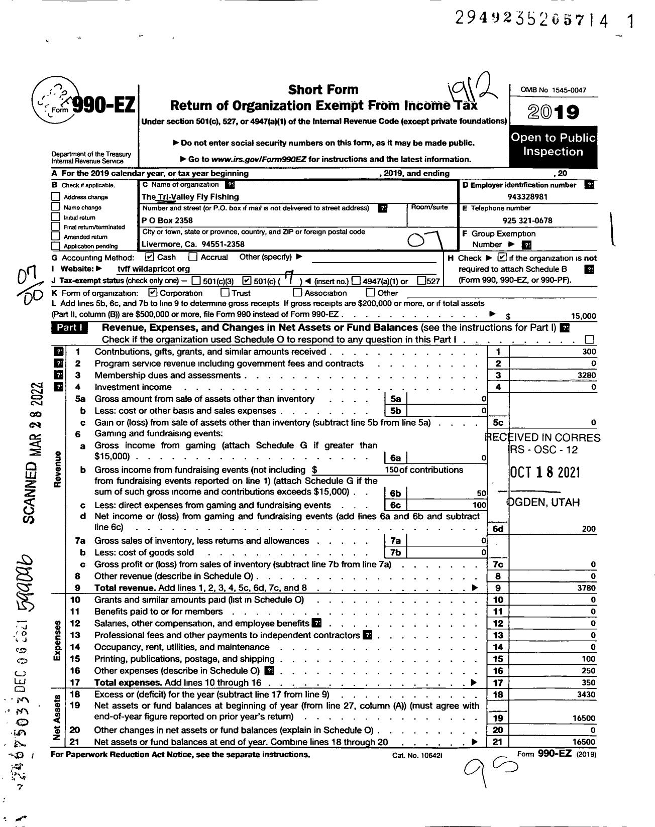 Image of first page of 2019 Form 990EO for The Tri-Valley Fly Fishings