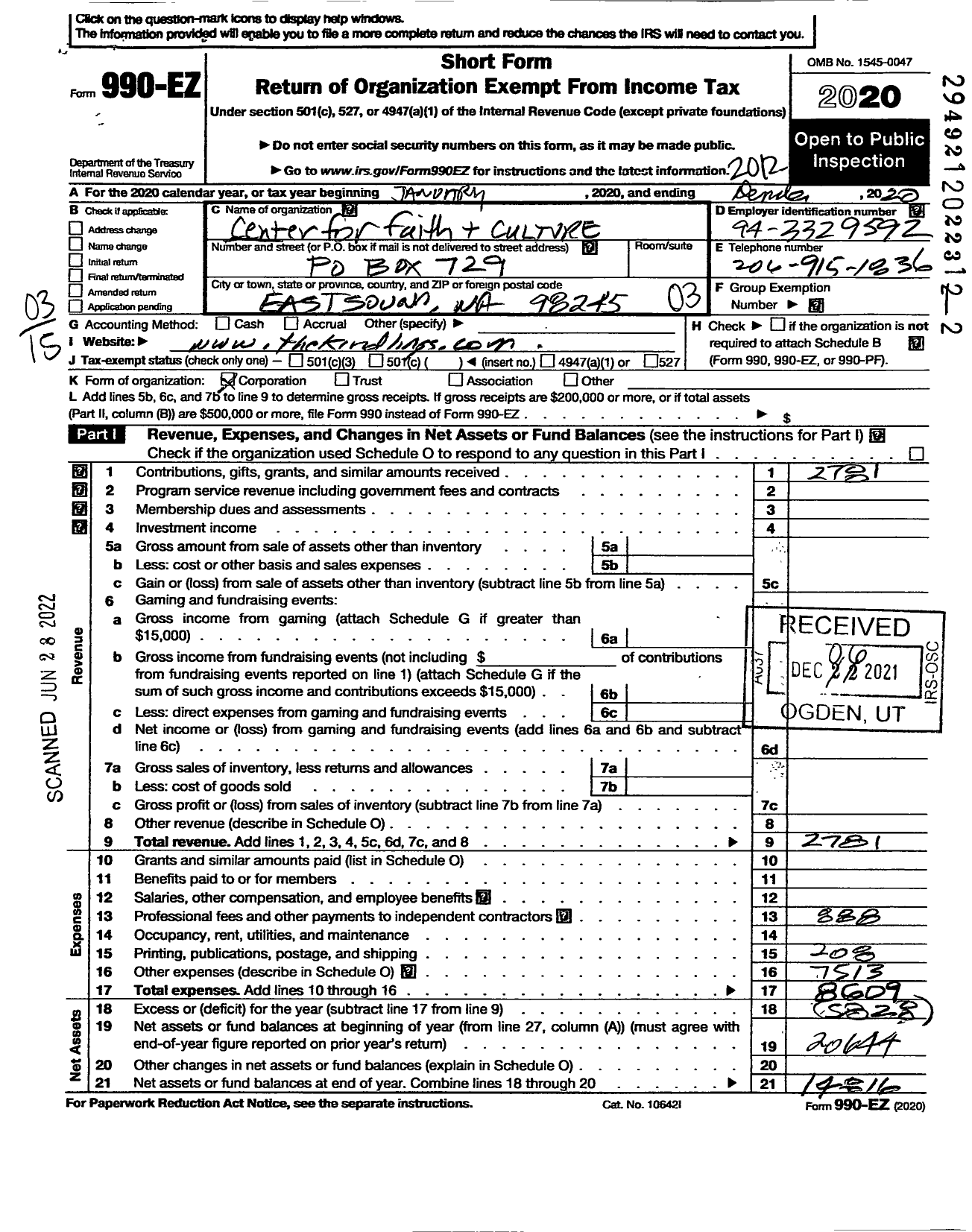 Image of first page of 2020 Form 990EZ for Center for Faith and Culture