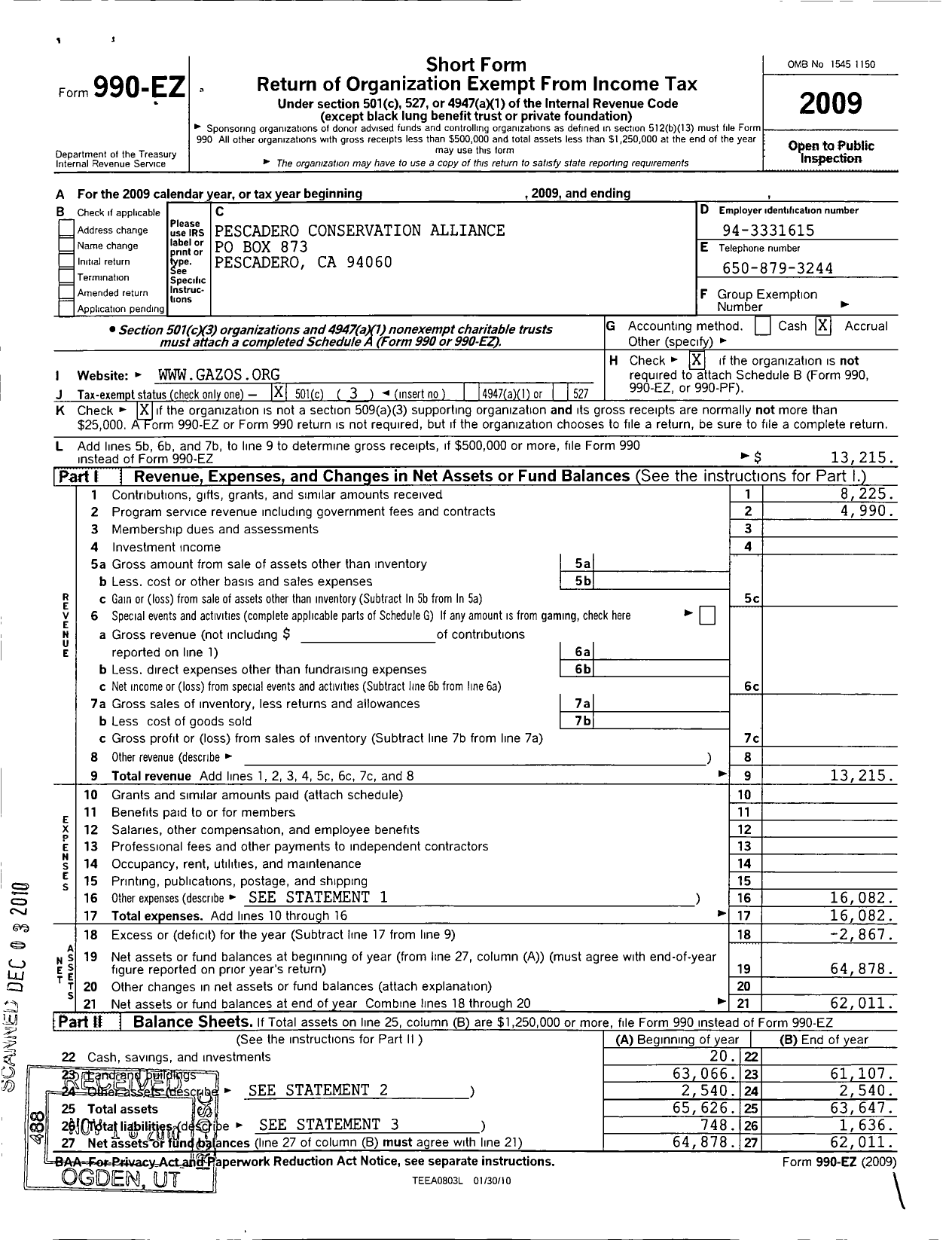 Image of first page of 2009 Form 990EZ for Pescadero Conservation Alliance