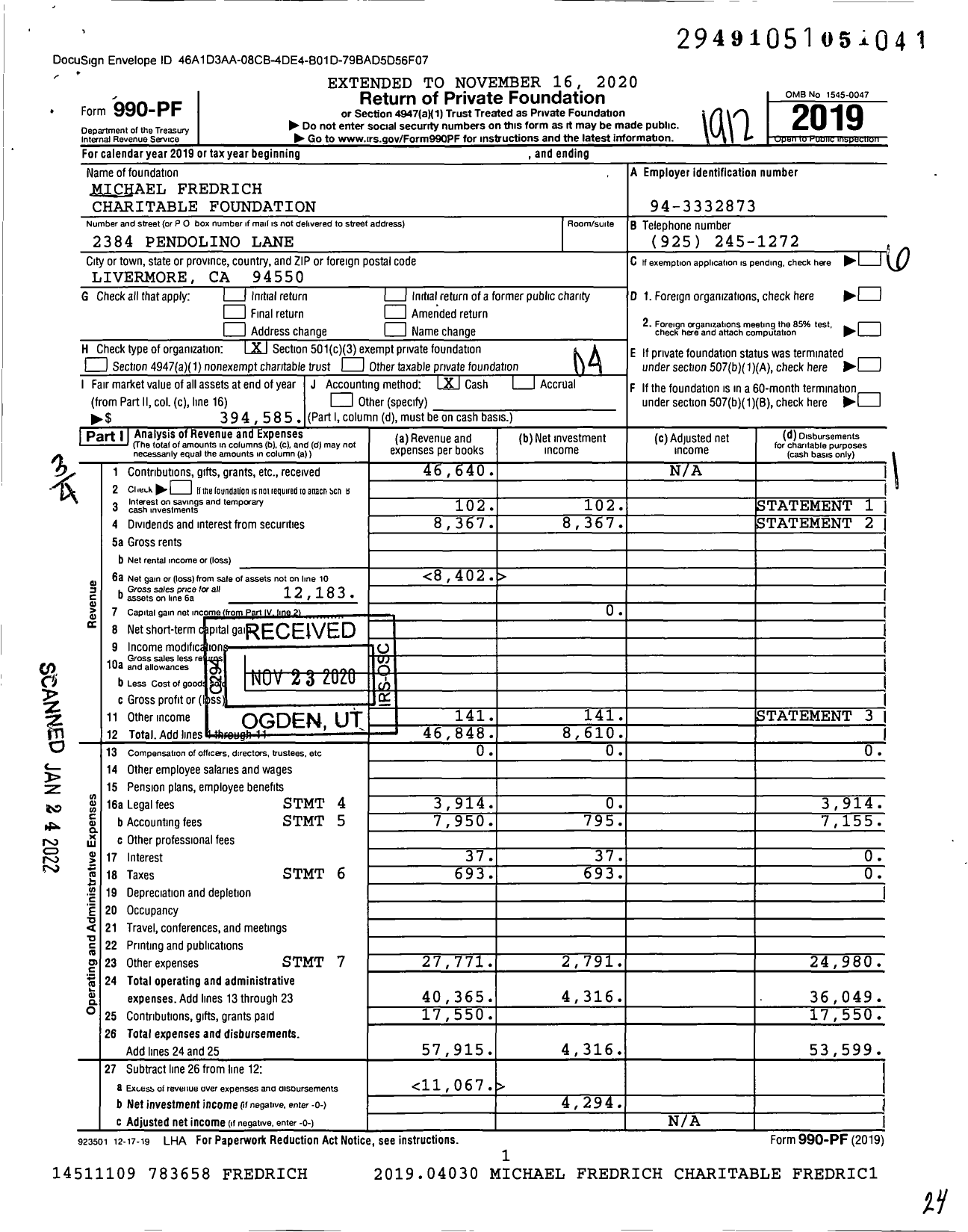 Image of first page of 2019 Form 990PF for Michael Fredrich Charitable Foundation