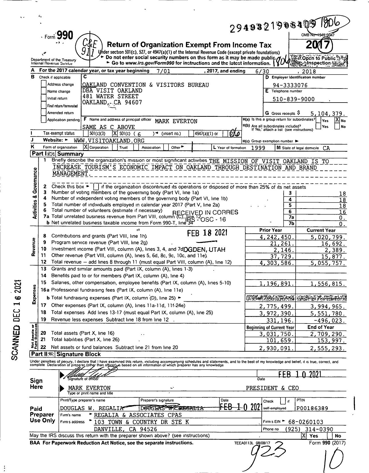 Image of first page of 2017 Form 990O for Visitors Oakland