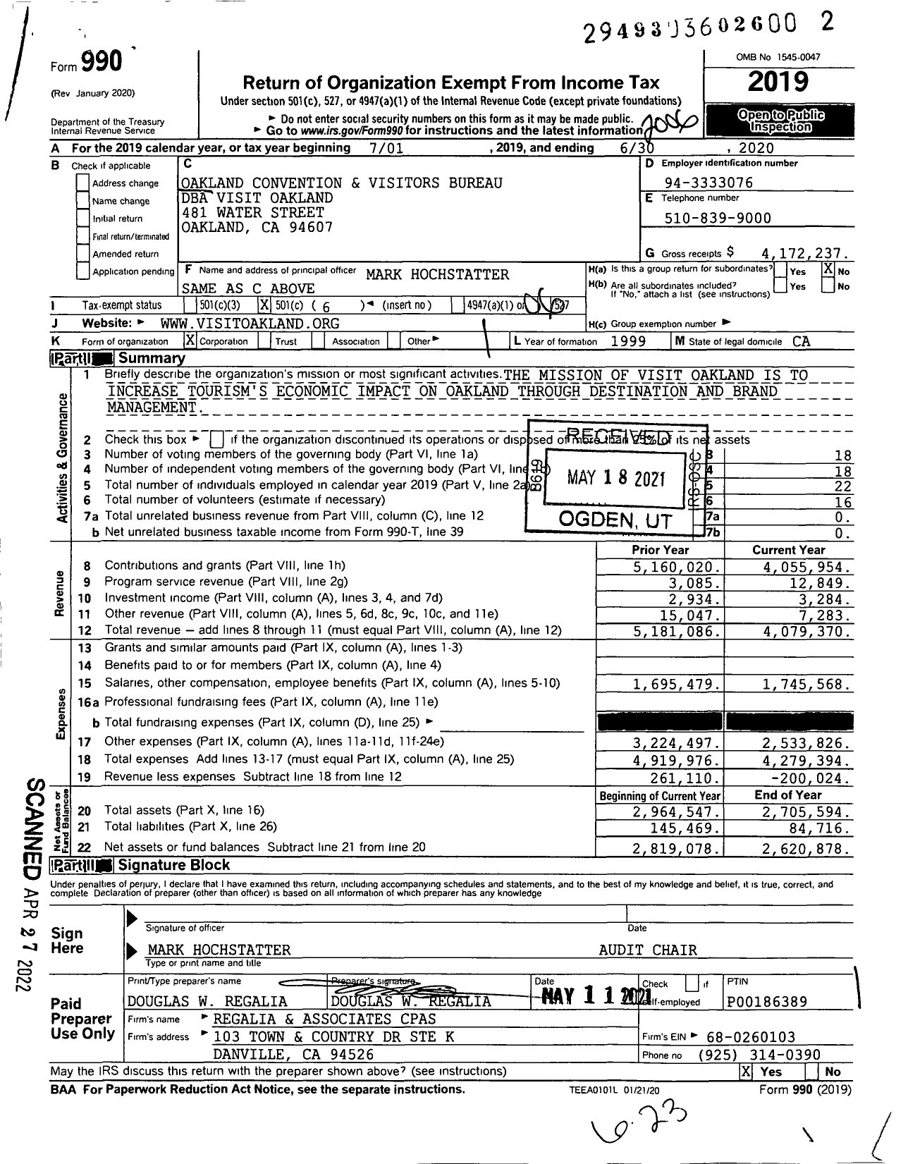 Image of first page of 2019 Form 990O for Visitors Oakland