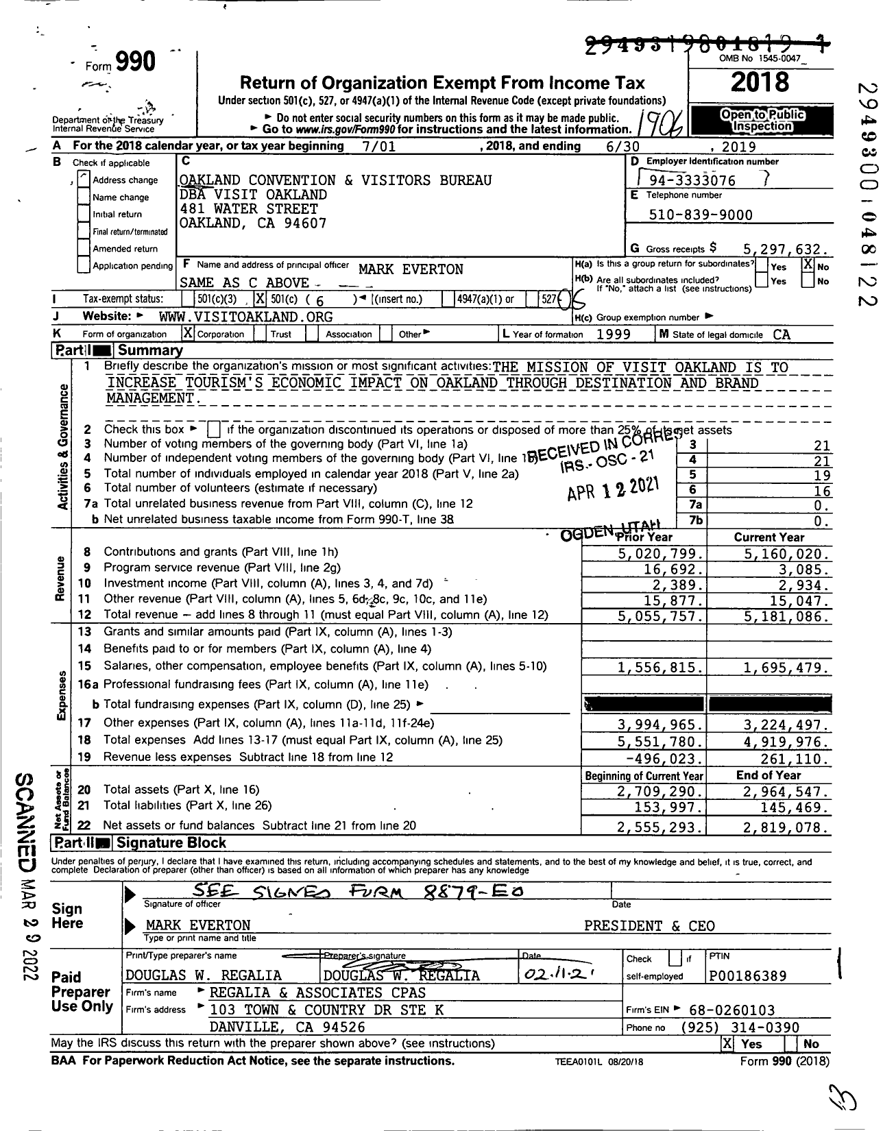 Image of first page of 2018 Form 990O for Visitors Oakland