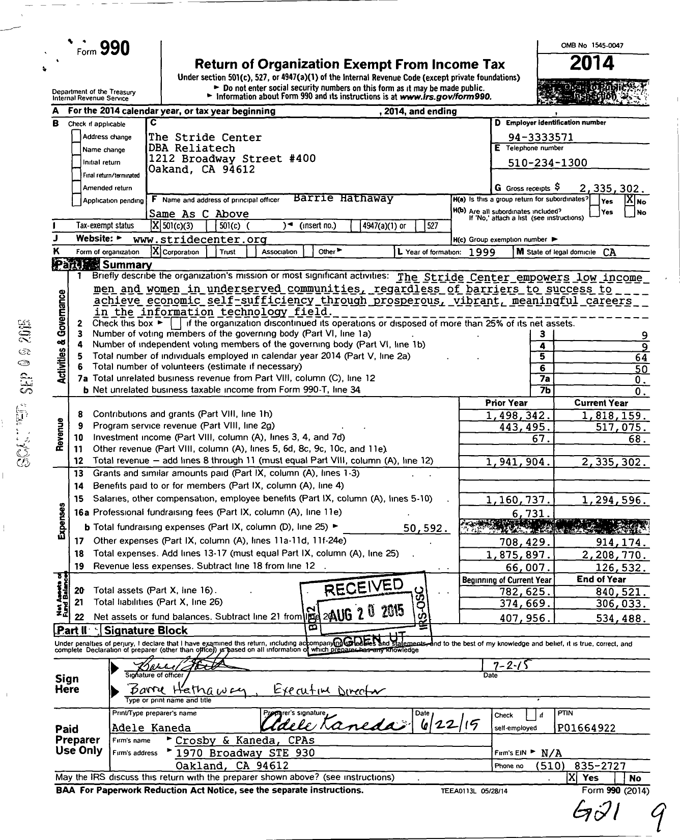 Image of first page of 2014 Form 990 for The Stride Center