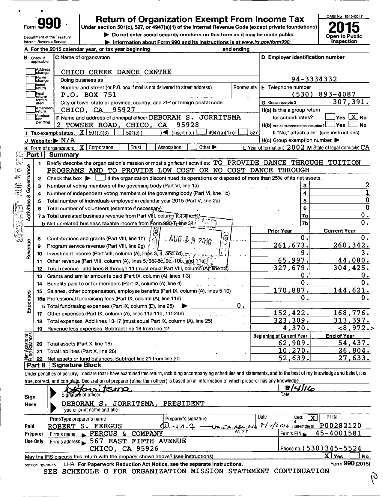 Image of first page of 2015 Form 990 for Chico Creek Dance Centre