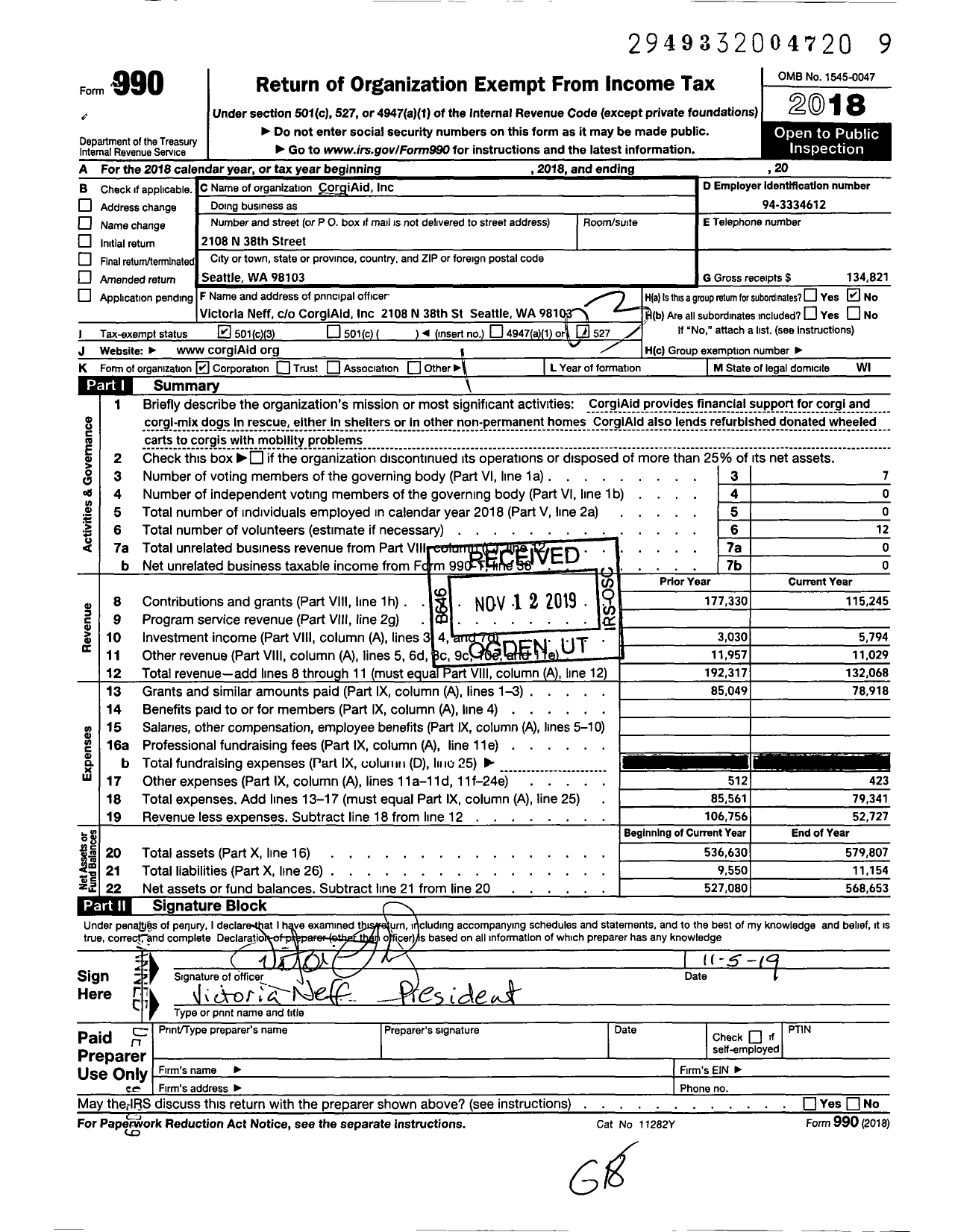 Image of first page of 2018 Form 990 for Corgiaid