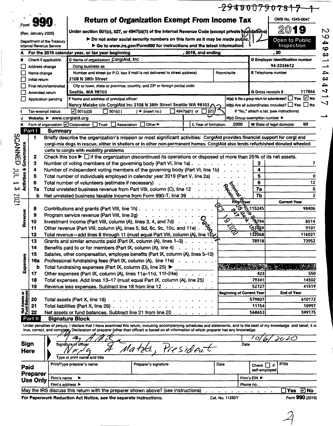 Image of first page of 2019 Form 990 for Corgiaid