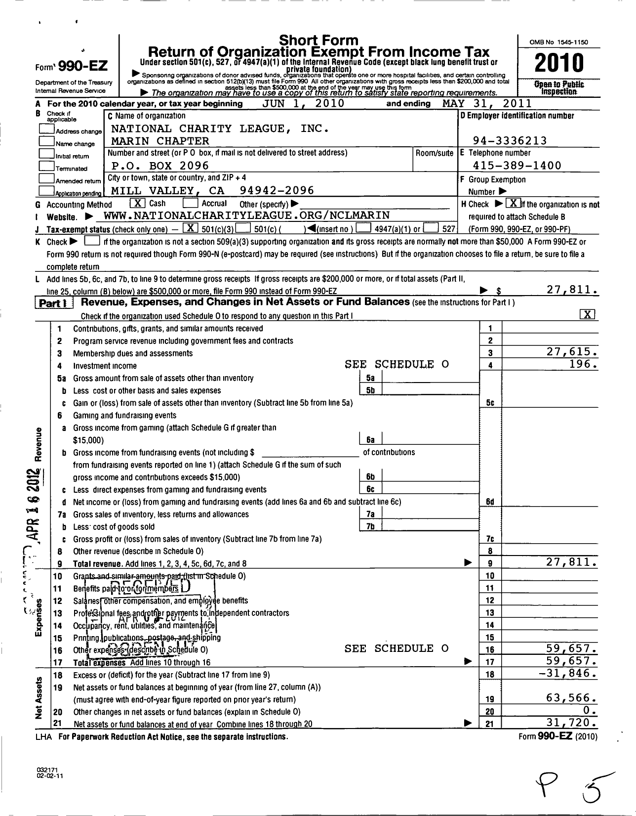 Image of first page of 2010 Form 990EZ for National Charity League Inc Marin Chapter