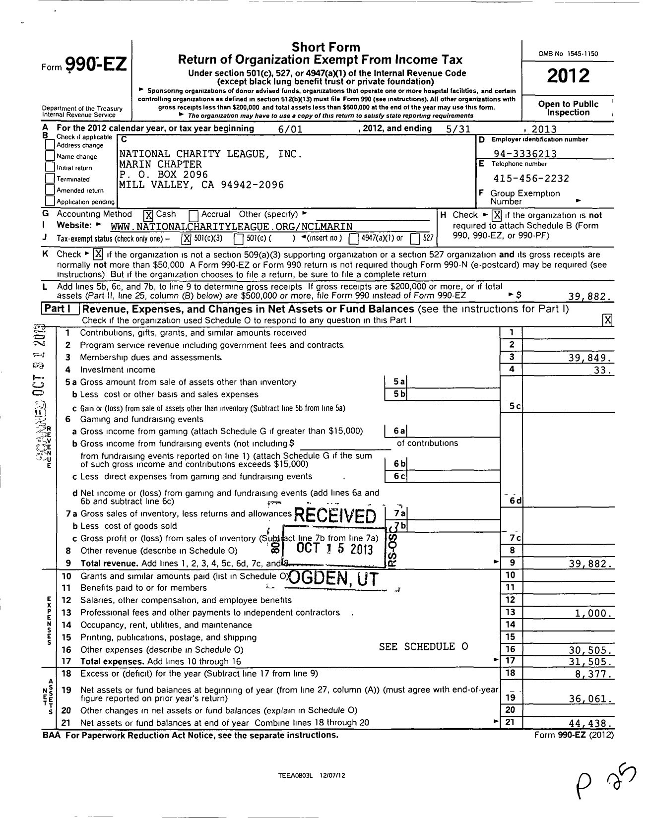 Image of first page of 2012 Form 990EZ for National Charity League Inc Marin Chapter