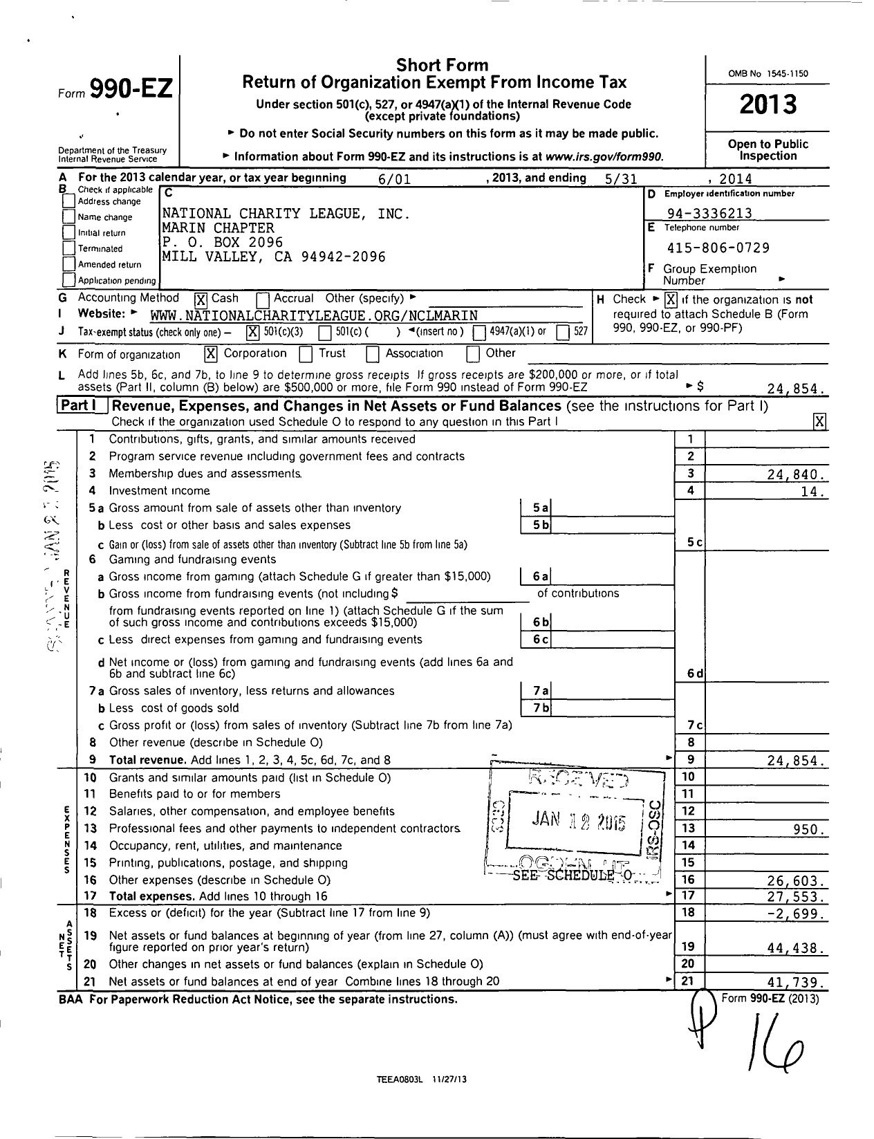 Image of first page of 2013 Form 990EZ for National Charity League Inc Marin Chapter