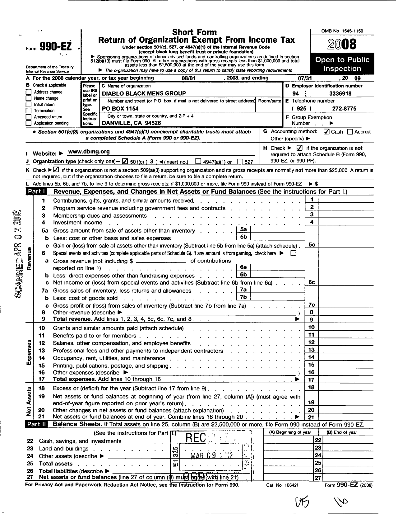 Image of first page of 2008 Form 990EZ for Diablo Black Mens Group