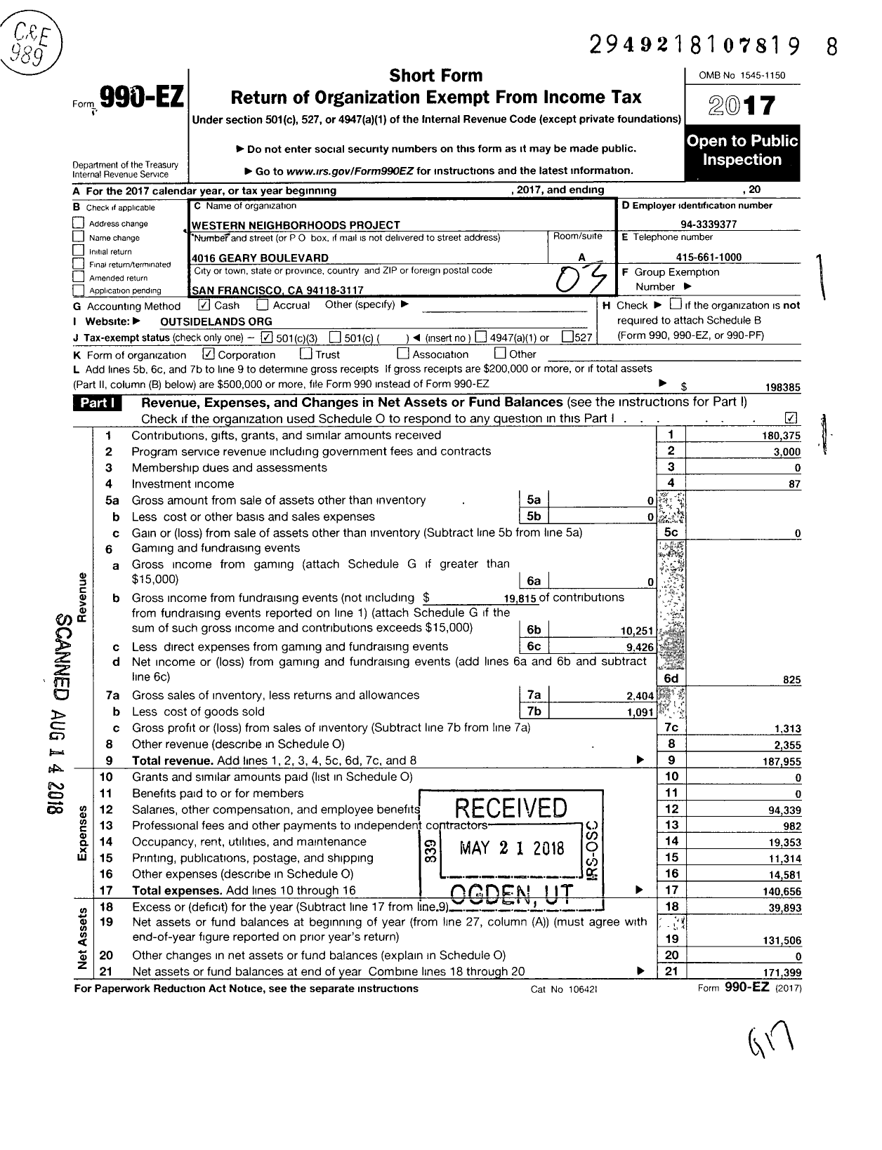 Image of first page of 2017 Form 990EZ for WESTERN Neighborhood PROJECT