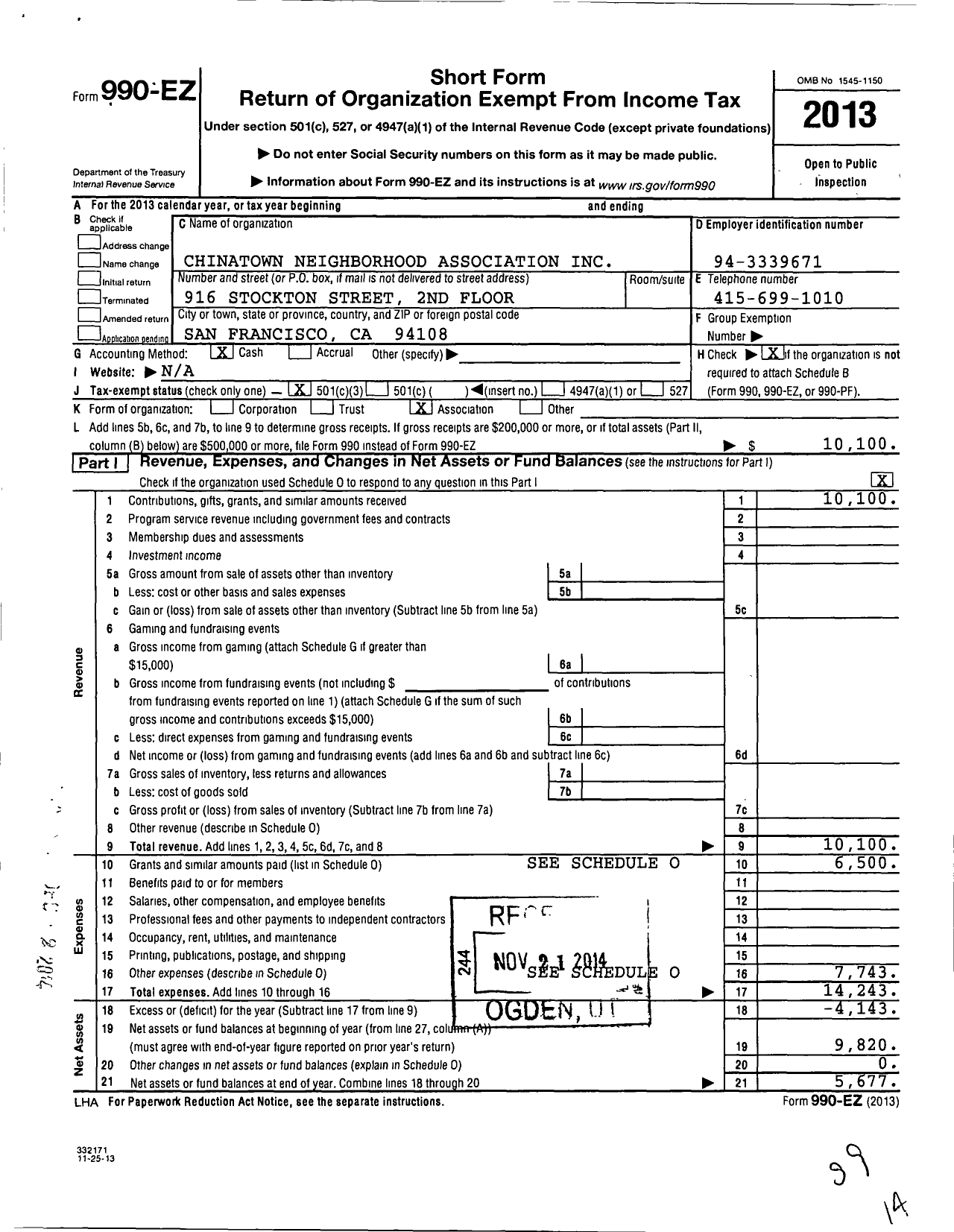 Image of first page of 2013 Form 990EZ for Chinatown Neighborhood Association