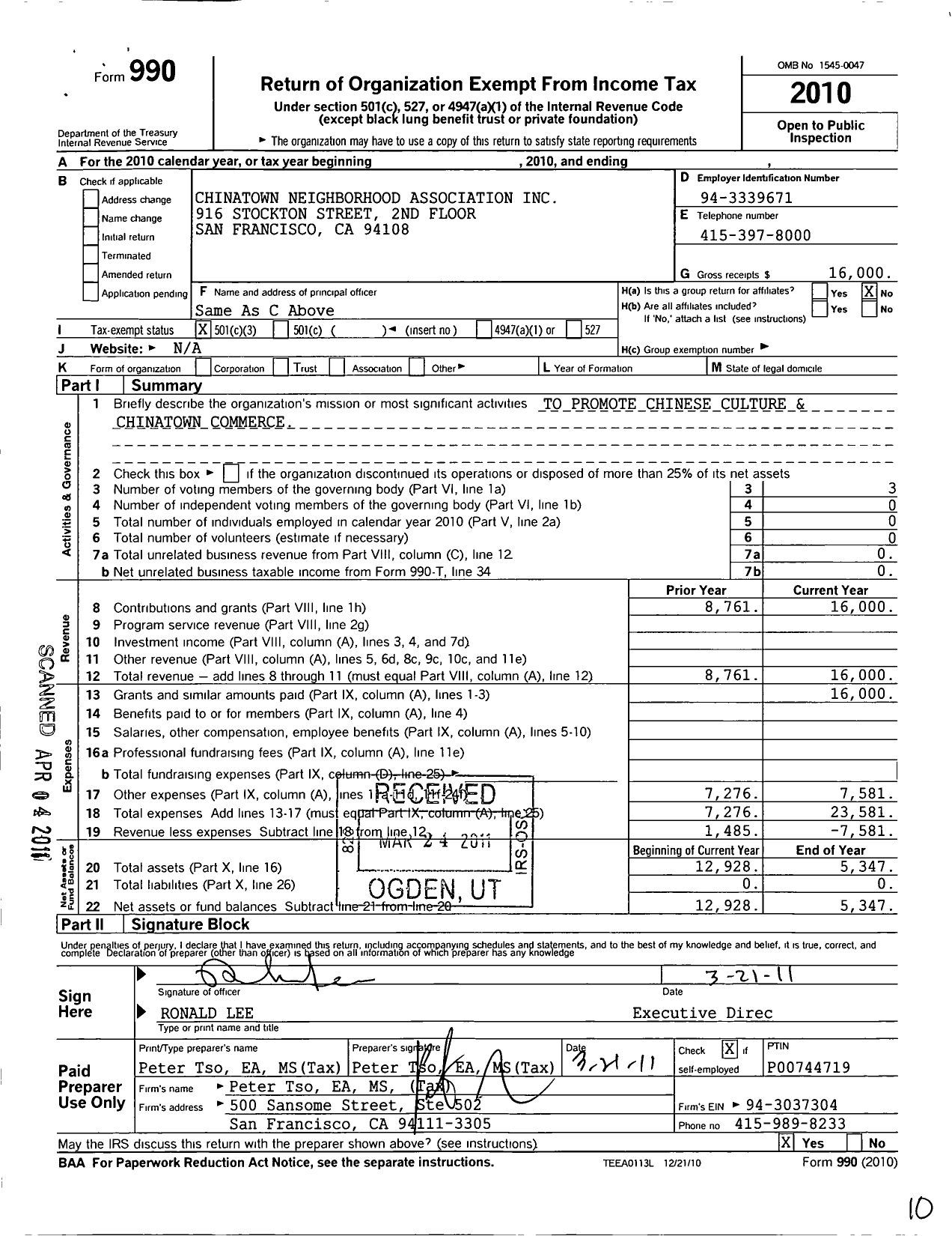 Image of first page of 2010 Form 990 for Chinatown Neighborhood Association