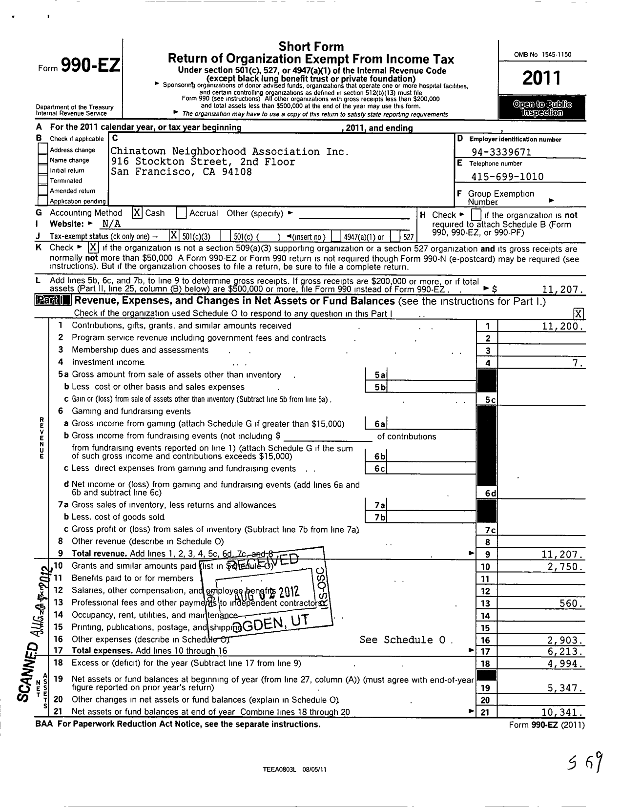 Image of first page of 2011 Form 990EZ for Chinatown Neighborhood Association