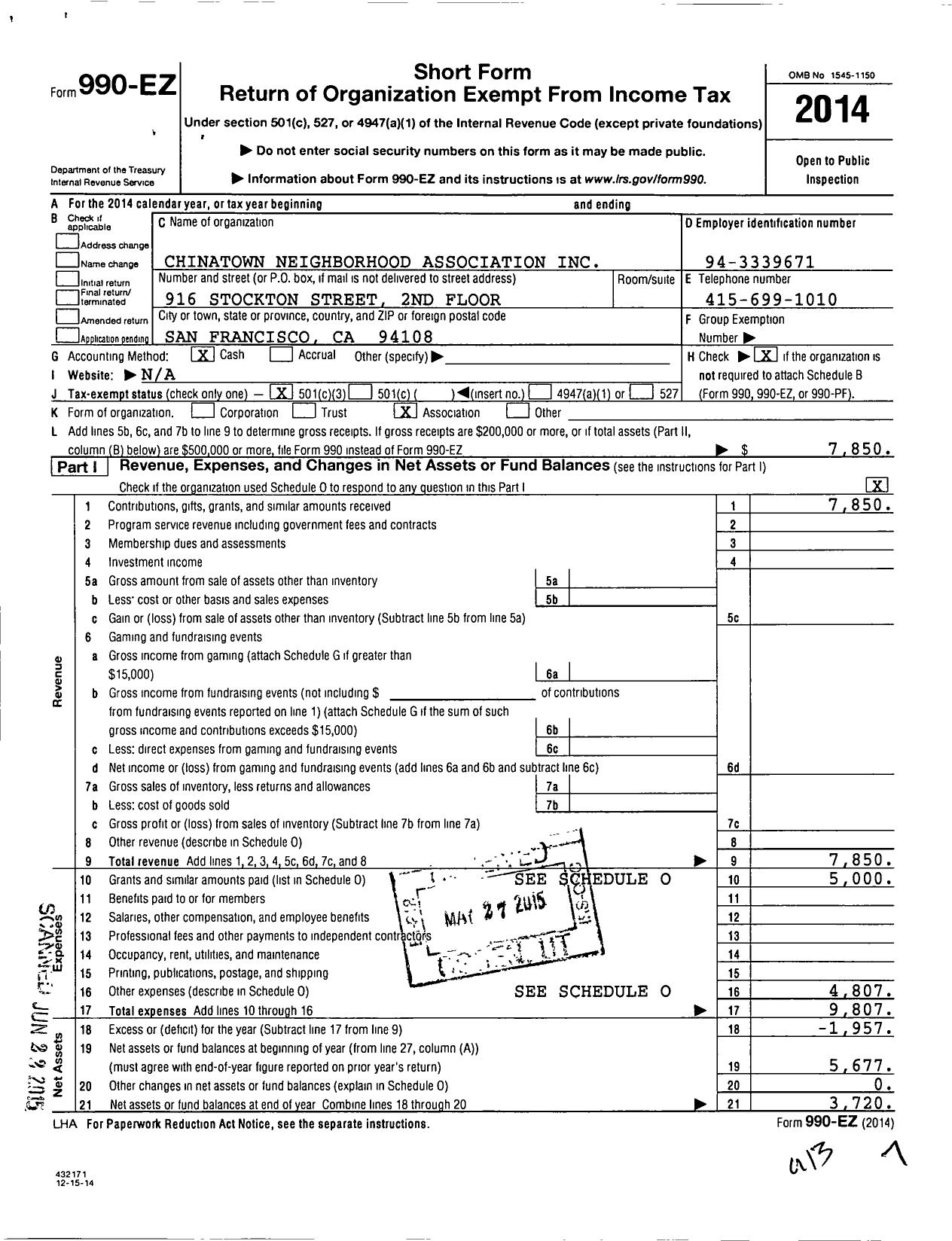 Image of first page of 2014 Form 990EZ for Chinatown Neighborhood Association