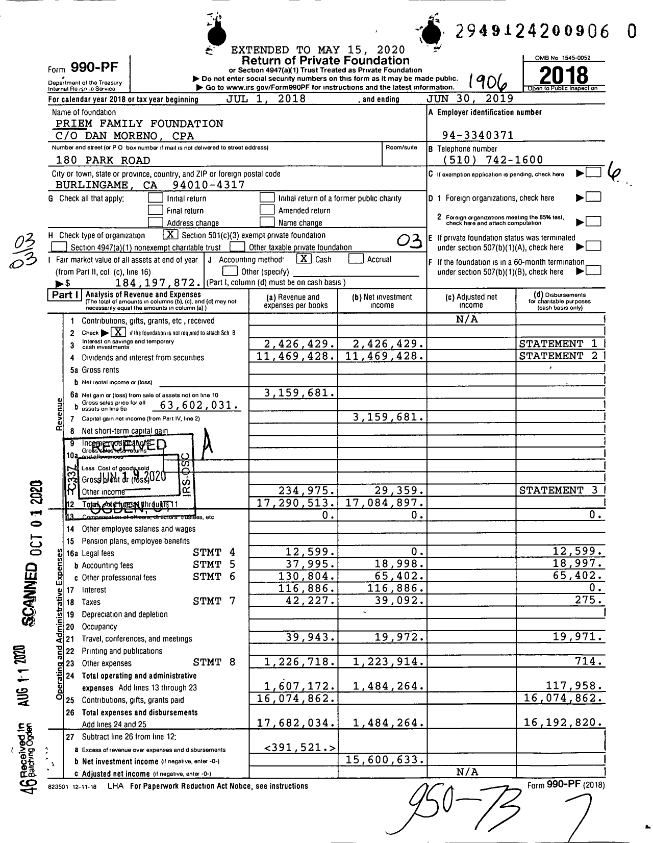 Image of first page of 2018 Form 990PR for Priem Family Foundation