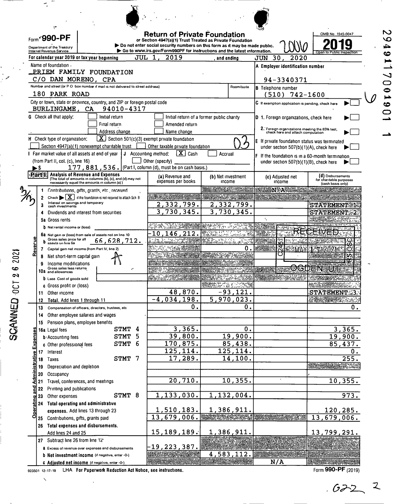 Image of first page of 2019 Form 990PF for Priem Family Foundation