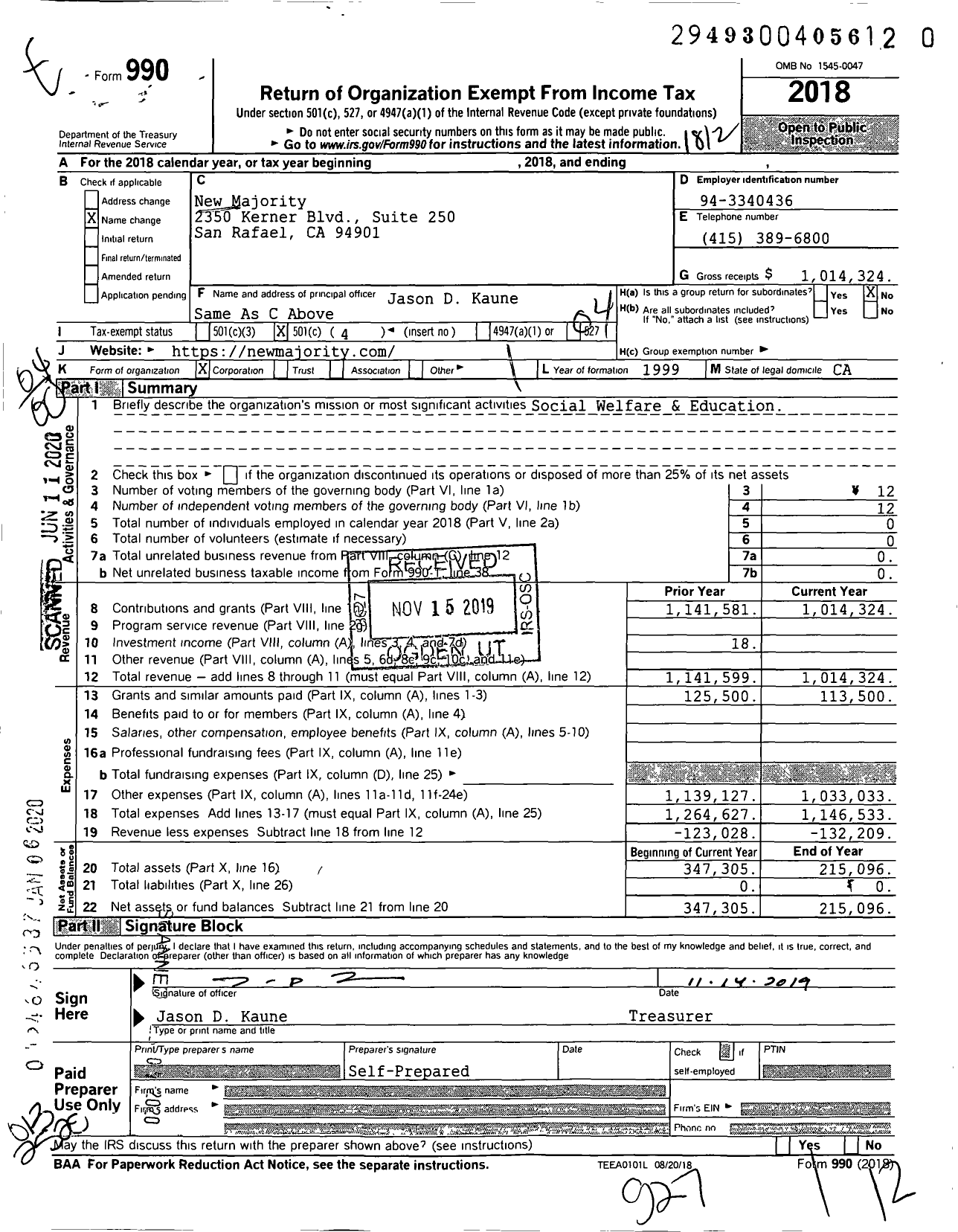 Image of first page of 2018 Form 990O for New Majority
